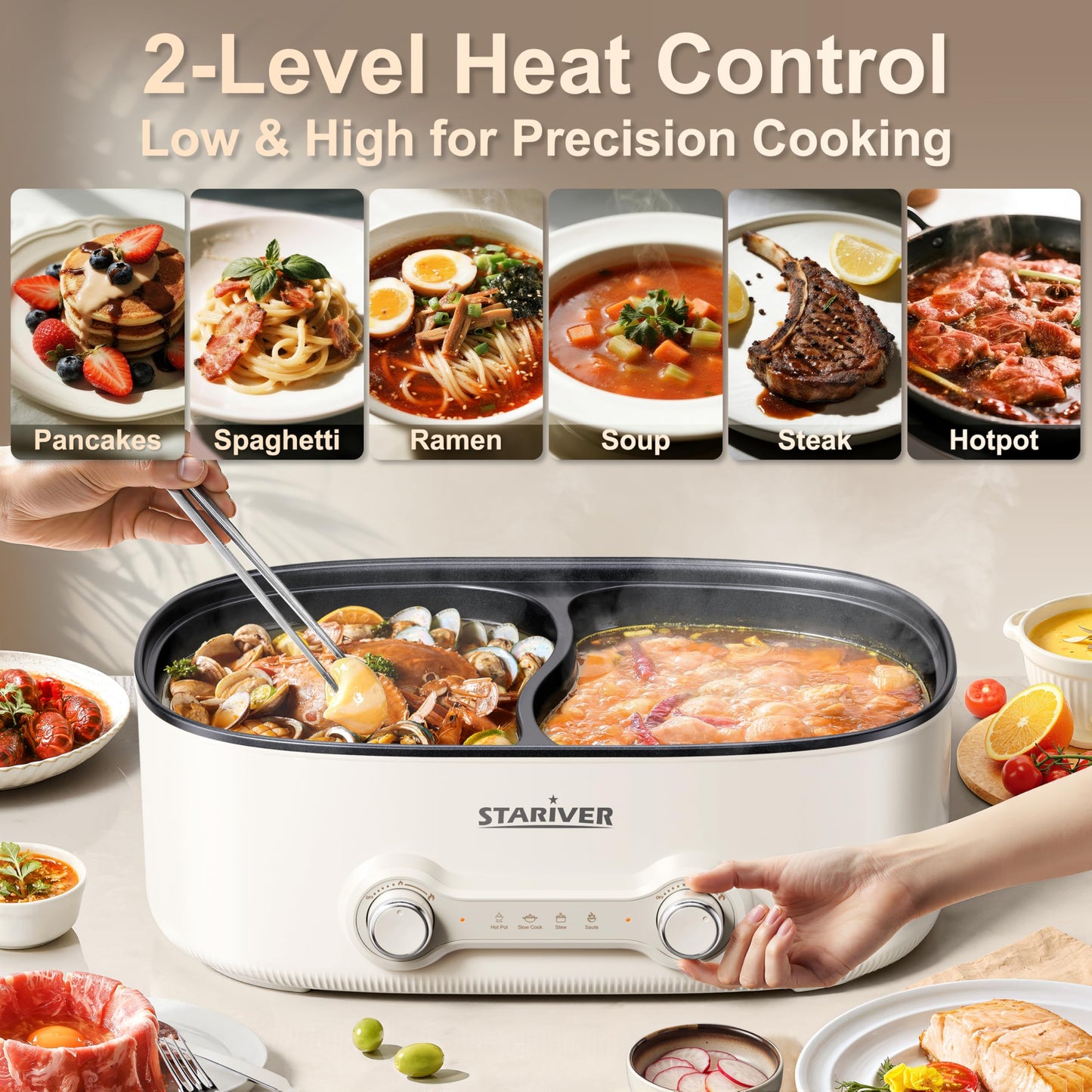 Stariver Hot Pot Electric with Divider, 7L Shabu Shabu Pot, 2-Temp Control (Separate Settings per Side) Non-Stick Hotpot Pot Electric, Perfect for Family Dinners & Parties