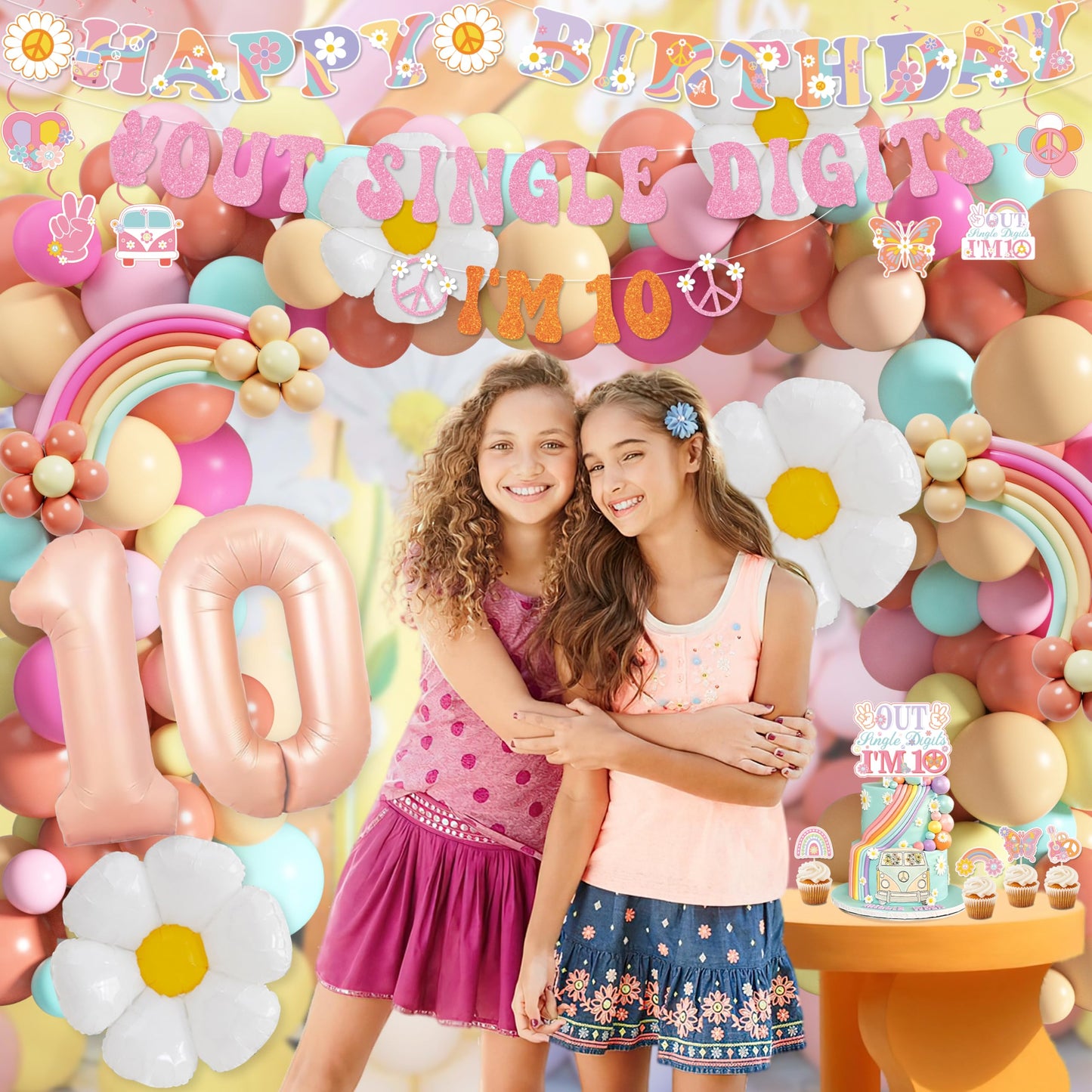 10th Birthday Decorations for Girl, Peace Out Single Digits Party Decor Groovy 10th Birthday Decor Boho I'm 10 Backdrop Banner Tablecloth Cake Topper Honeycomb Centerpieces Hanging Swirls Balloons Set