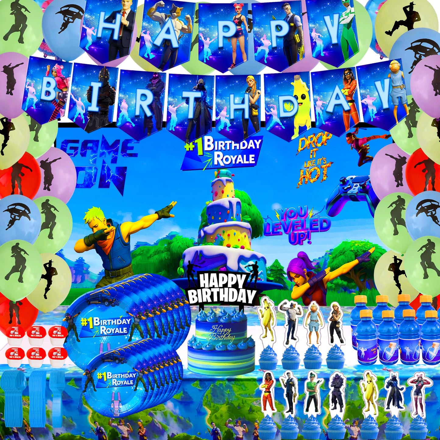 Gaming Party Supplies Birthday Decoration Set 142 Pack - Balloons, Toppers, Bottle Stickers Labels, Wall Poster, Banner Video Game Themed And Much More