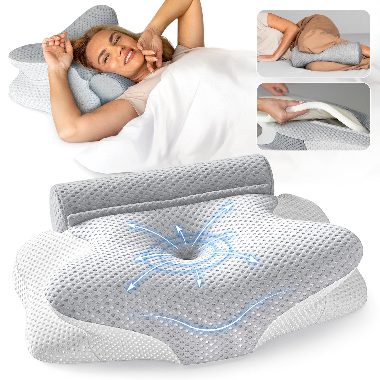 3-in-1 Orthopedic Pillow, Cervical Neck Pillow for Sleeping, Adjustable Height Memory Foam Neck Pillow and Detachable Roll, Contour Pillow for Neck Pain Relief for All Sleeping Positions (Gray)