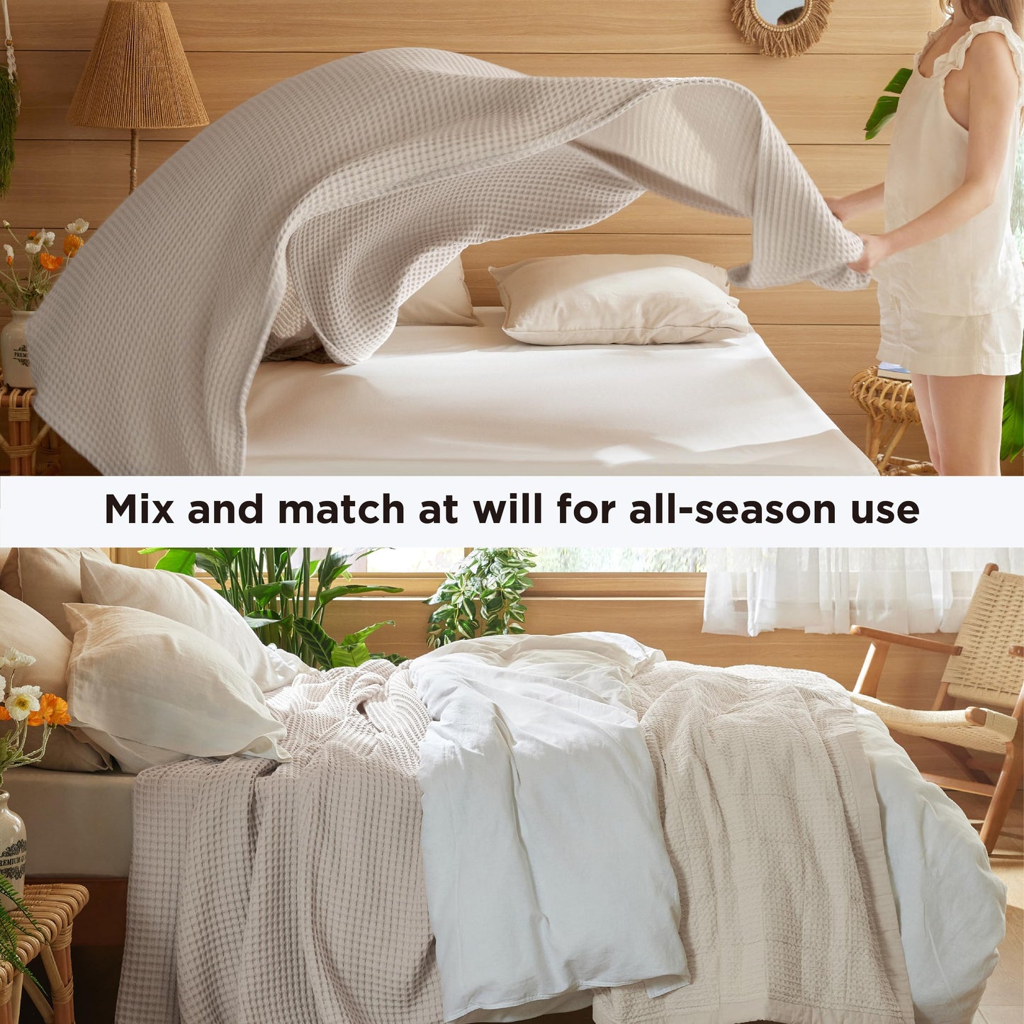 Bedsure 100% Cotton Blanket Queen Size for Spring Summer, Waffle Weave Thin Lightweight Breathable Blanket for Bed, Cotton Bedding Room Decor Gifts for Women, Men, Linen, 90" x 90"