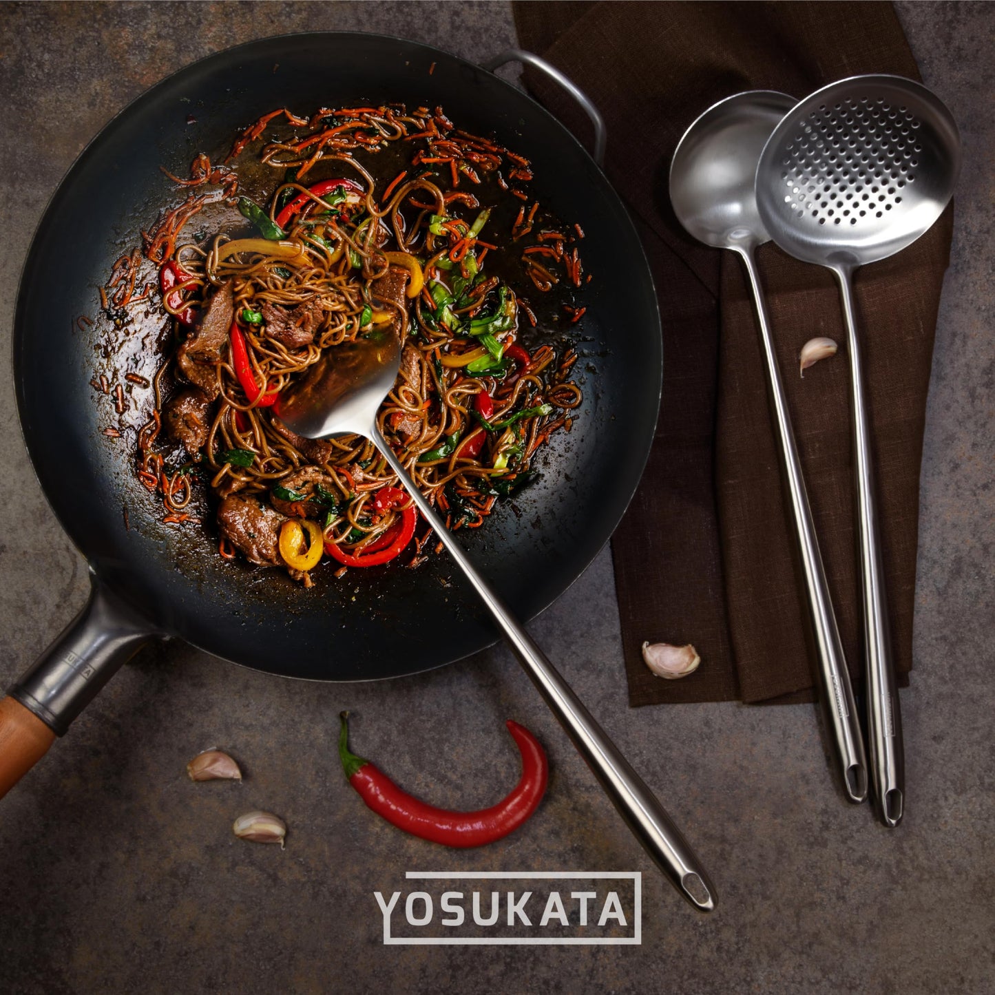 Yosukata 17" Wok Spatula and Ladle Skimmer Spoon - Stainless Steel Cooking Utensils Set of 3-304 Stainless Steel Kitchen Utensils Set - Dishwasher Safe Wok Accessories - Wok Utensils - Cooking Tools