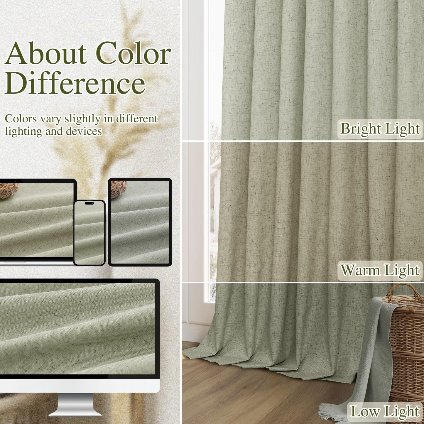Sage Green 100% Blackout Linen Curtains 84 Inch Length 2 Panels Set for Living Room Bedroom Back Tab Thermal Insulated Black Out Drapes Room Darkening Farmhouse Style for Bedroom Window Curtains