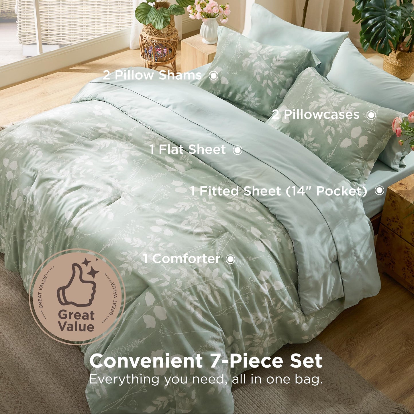 Bedsure Full Size Comforter Set - 7 Pieces Floral Sage Green Soft Bedding Sets, Full Bed in a Bag with Botanical Flowers Comforter, Sheets, Pillowcases & Shams