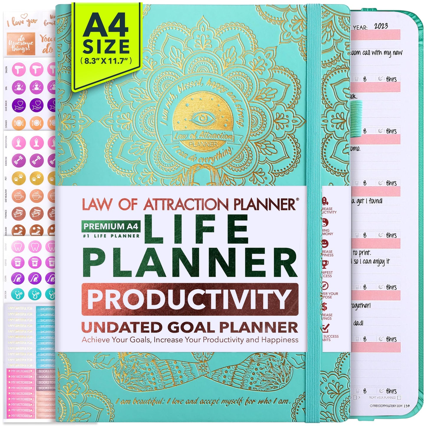 Life Planner - Undated Weekly & Monthly Planner, 12-Month Journey to Increase Productivity | Gratitude Journal, Life Organizer & Goal Journal | Include Foldable Vision Board, Habit Tracker & Stickers