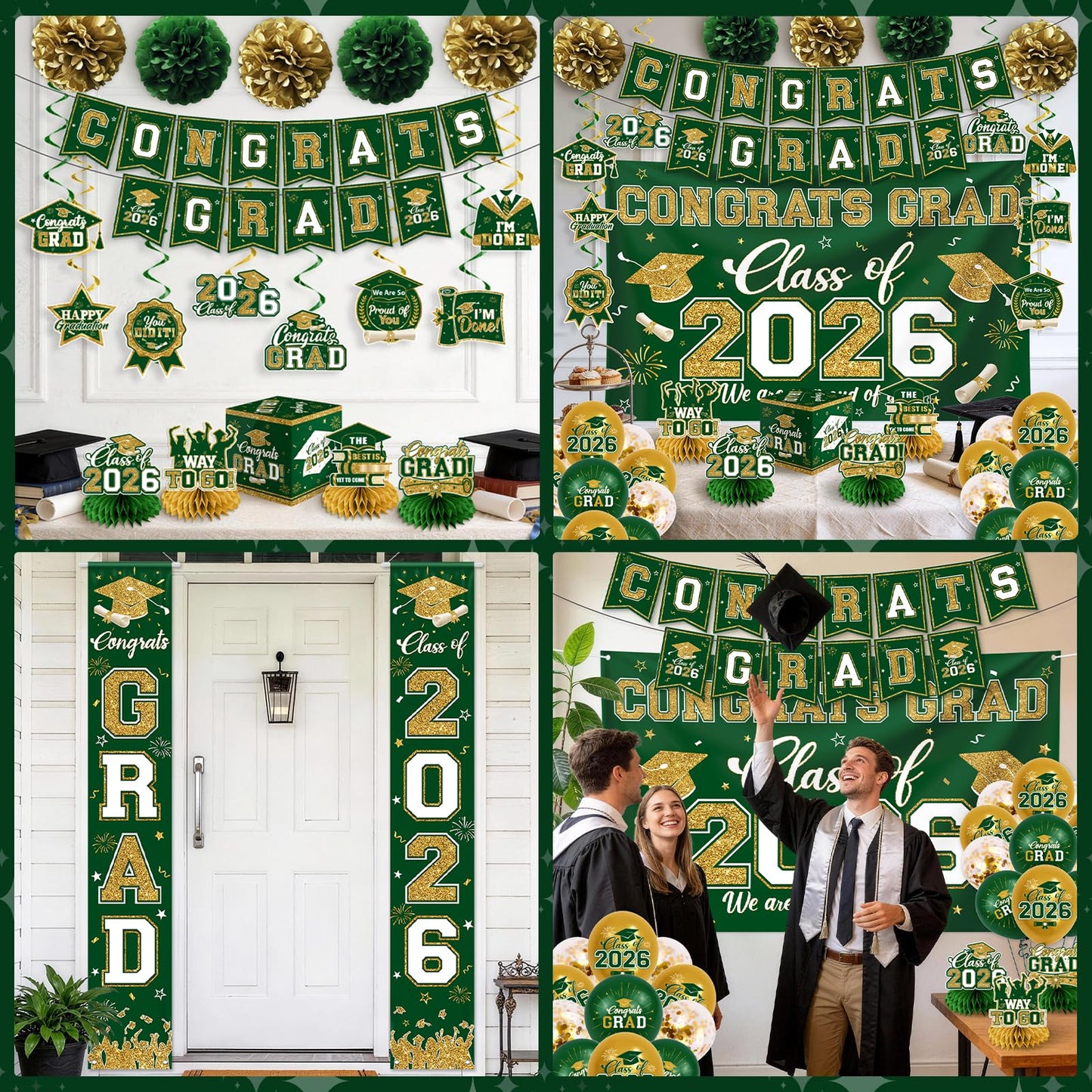 Green and Gold Graduation Decorations 2026 Set, All-in-1 Kit with Congrats Grad Banner Class of 2026 Backdrop Porch Sign Balloons Centerpieces Card Box Pom Poms Streamers for College High School