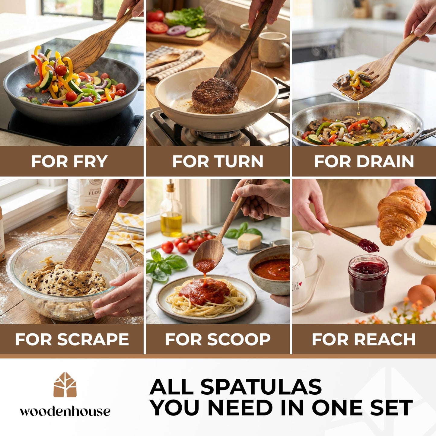 Wooden Spatula for Cooking - Non-Scratch, Sturdy, Natural Teak Cooking Utensils - Easy to Clean Wooden Spatula Set with Turner, Scraper, Slotted & Frying Wood Spatulas, Jar Scraper, Spoonula - 6 Pcs