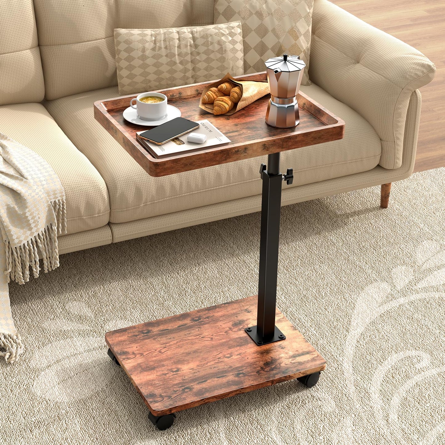QAUUQQ C Table Side Table Adjustable Height, 360°Swivel TV Tray Table with Wheels, Small Table for Eating, Dinner, C Shaped End Tables Living Room and Bedroom for Sofa, Couch, Bed,Chair, Snack