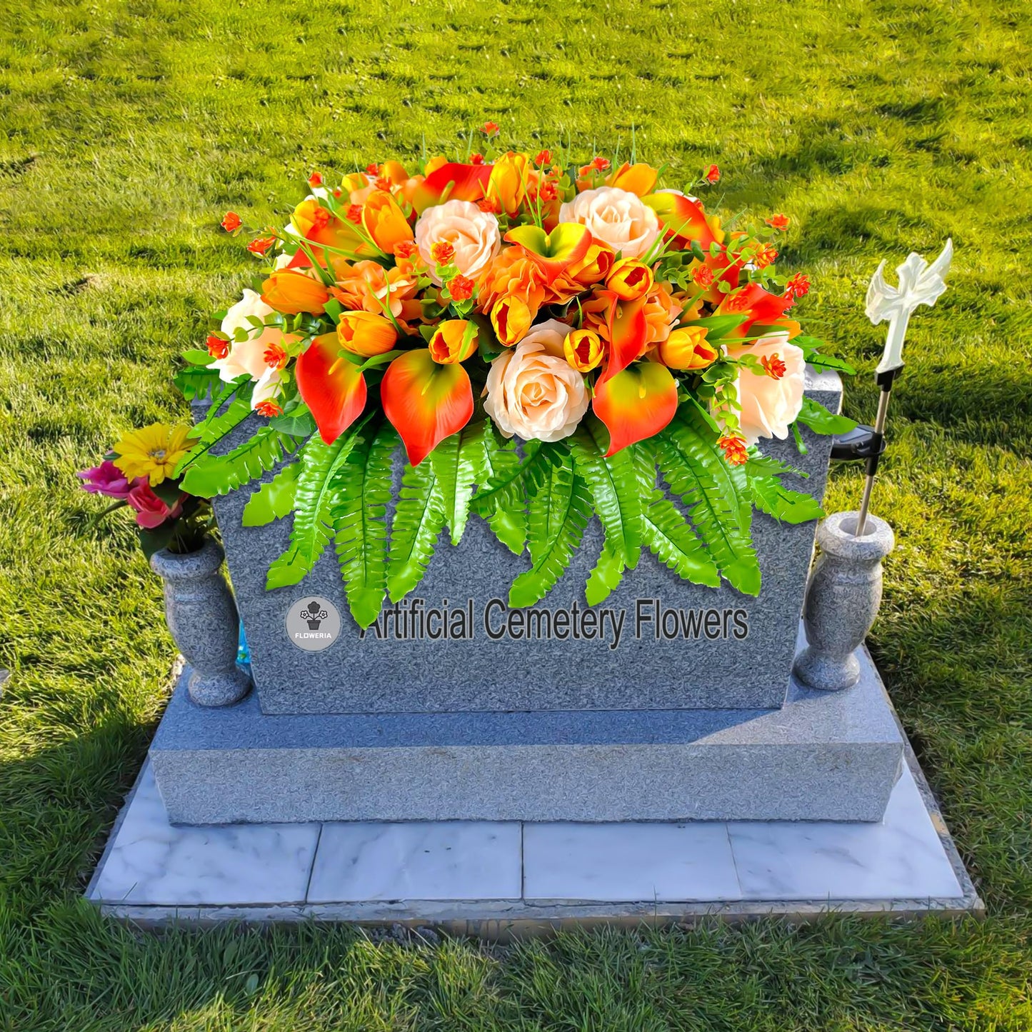 FLOWERIA Artificial Cemetery Flowers - Outdoor Grave Saddle for Headstone Decorations with Orange Roses Tulips