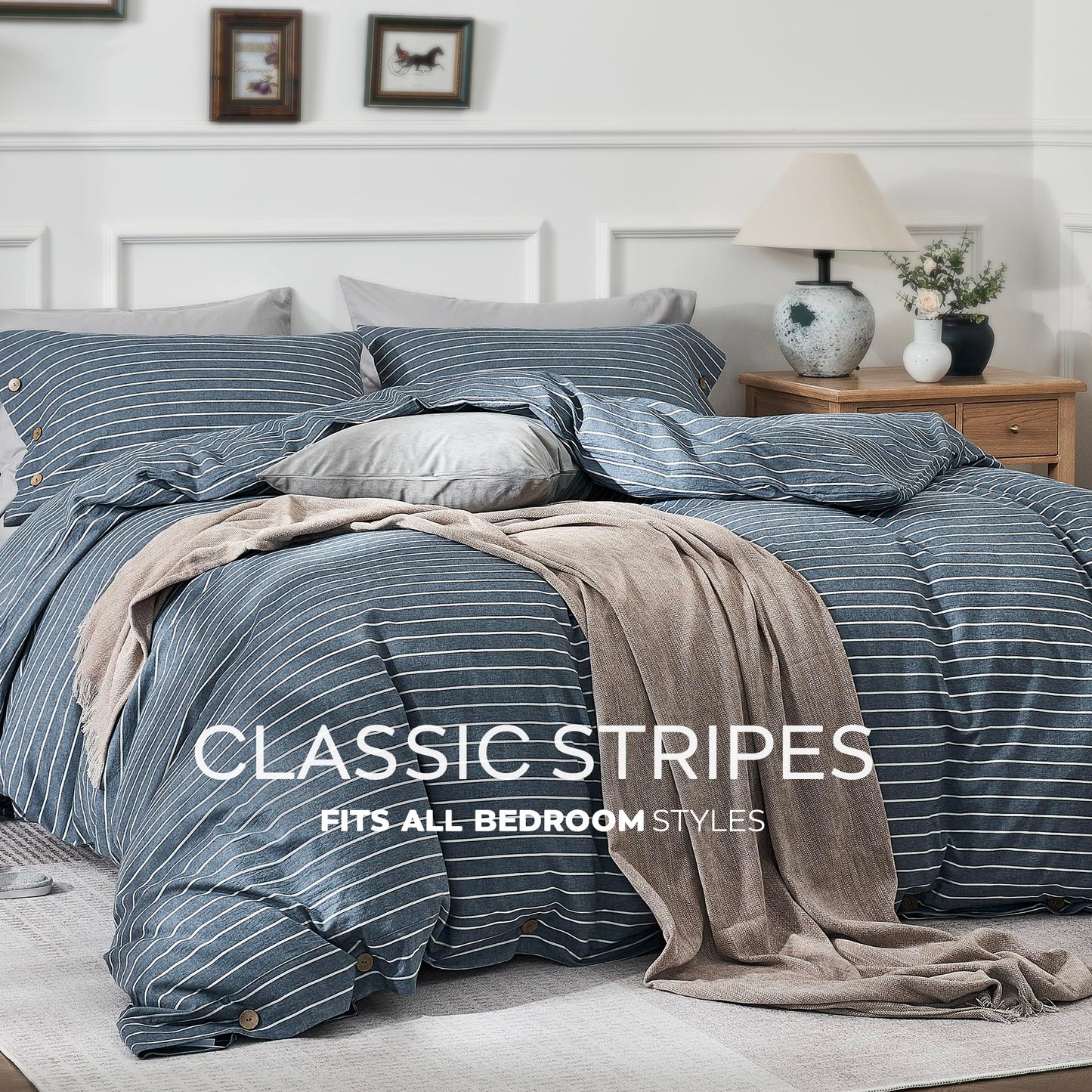 JELLYMONI Washed Cotton Duvet Cover Queen Size – Breathable & Cozy Bedding Set for Modern Homes, Dorms & Guest Rooms, Blue Striped Comforter Cover with Button Closure, 1 Duvet Cover & 2 Pillowcases