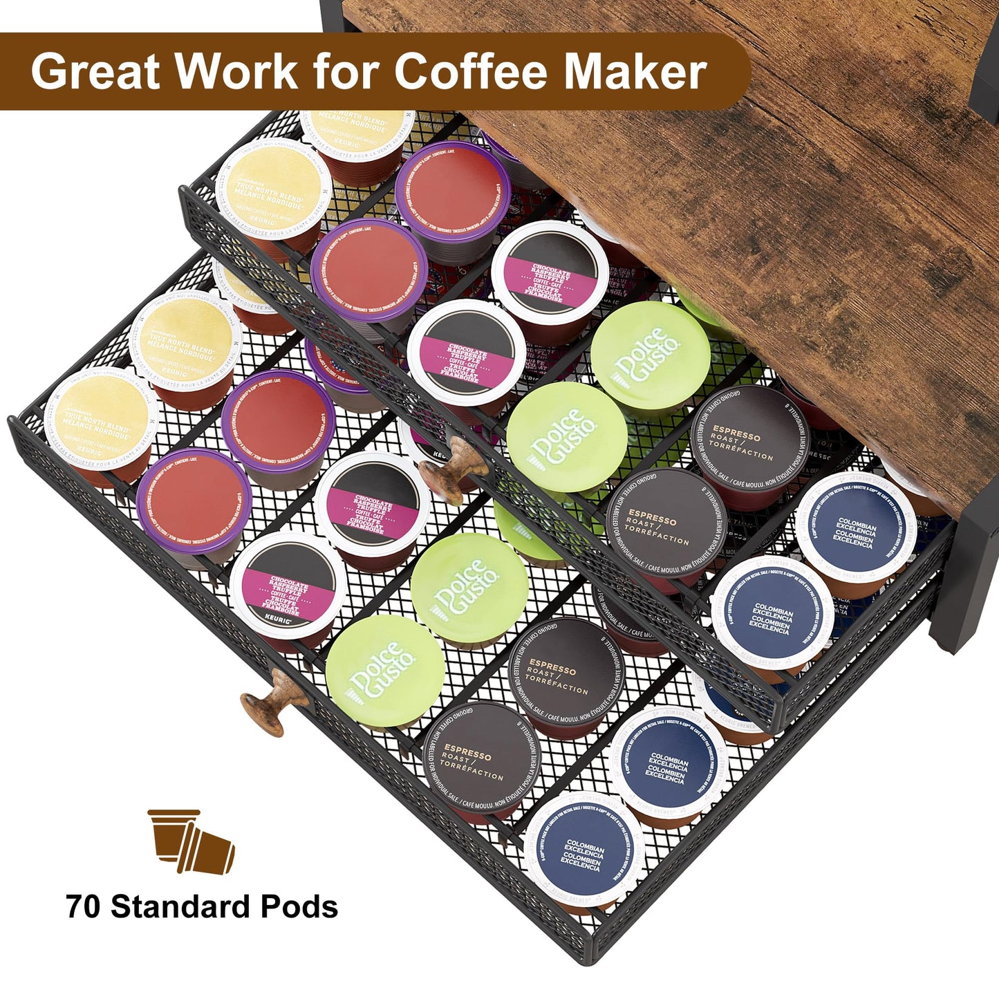 TQVAI Coffee Bar Organizer, Maximize Small Countertop Space, 70 Standard Capsules Capacity with Sliding Pods Drawer, 4-Tier Coffee Station Organizer for Home Kitchen Office Commercial