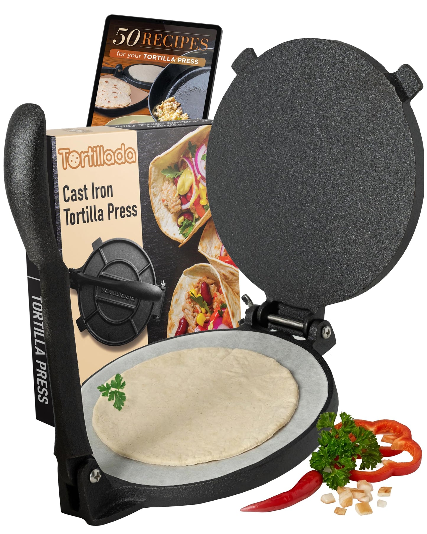 Tortillada – Premium Tortilla Press Cast Iron with Recipes E-Book (12 Inch)