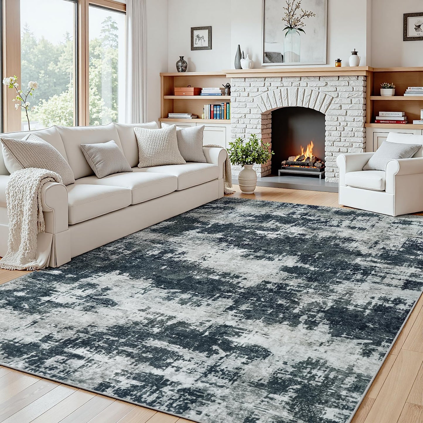 5x7 Area Rugs for Living Room Washable: Abstract Soft Thin Low Pile Black Rug, Indoor Floor Non Slip Stain Resistant Modern Carpet for Bedroom Nursery Farmhouse Dining Room Home Office (Black, 5'x7')