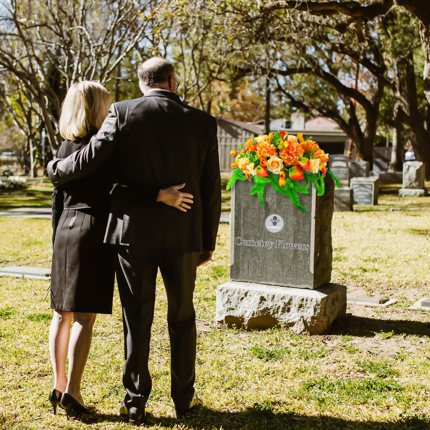FLOWERIA Artificial Cemetery Flowers - Outdoor Grave Saddle for Headstone Decorations with Orange Roses Tulips