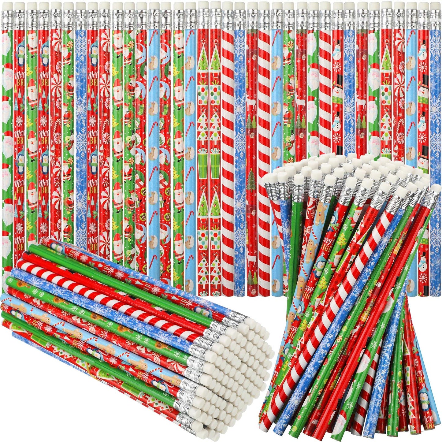 Yexiya 360 Pcs Christmas Pencils with Eraser Xmas Wood Pencils Snowman Santa Claus Christmas Tree Snowflakes Candy Assortment Xmas Stationery Pencil Office Party Favors