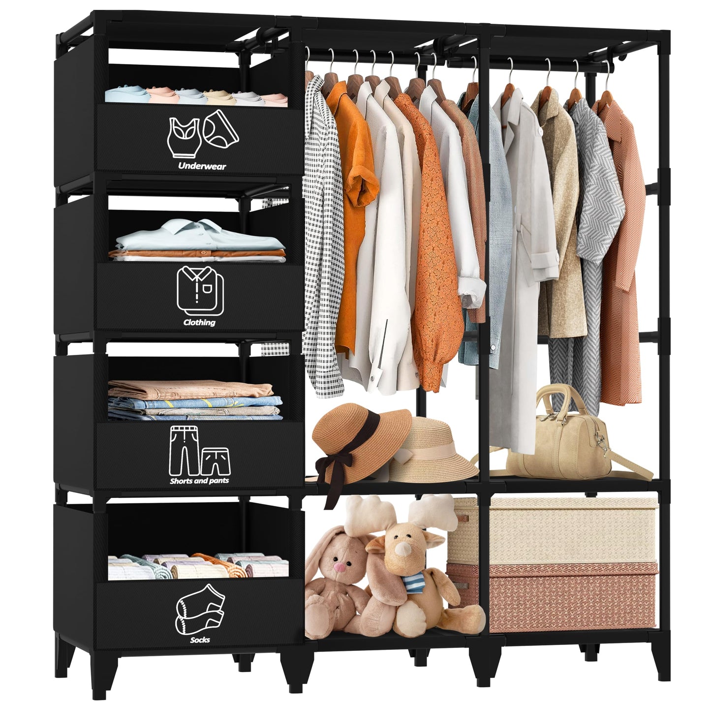 Jofuler Portable Closet, Easy Assembly, Large Capacity Wardrobe Closet, Sturdy and Stable Clothes Rack with Shelves 4 Storage Baskets and 2 Hanging Rods, for Bedroom and Cloakroom Black