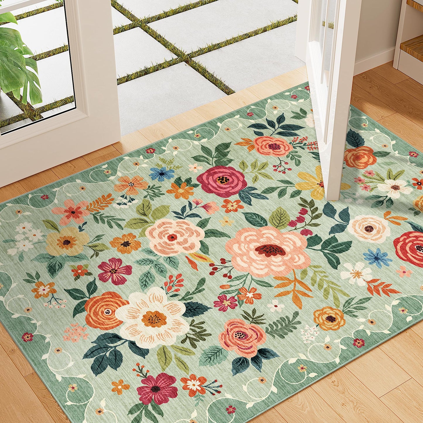 DUKINO 2x3 Rugs for Entryway, Floral Indoor Washable Front Door Mat, Non Slip Boho Small Carpet, Soft Low Pile Throw Rug for Entrance, Bedroom, Kitchen, Laundry, Bathroom, Green
