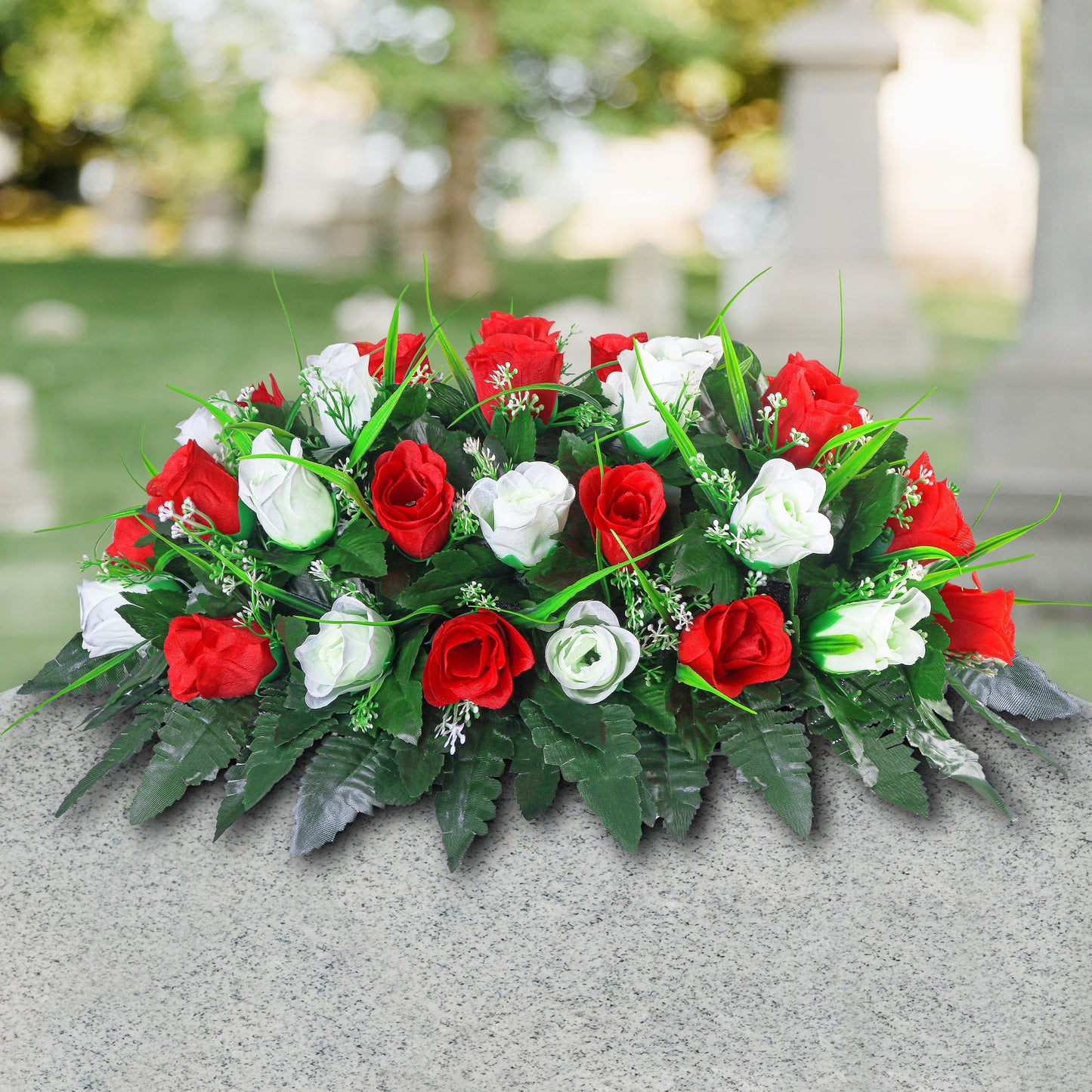 LVXINLI Artificial Cemetery Flower-Outdoor Grave Saddle Headstone Decorations,Red and White Rose Memorial Day Flowers for gravesite (Red and White)…