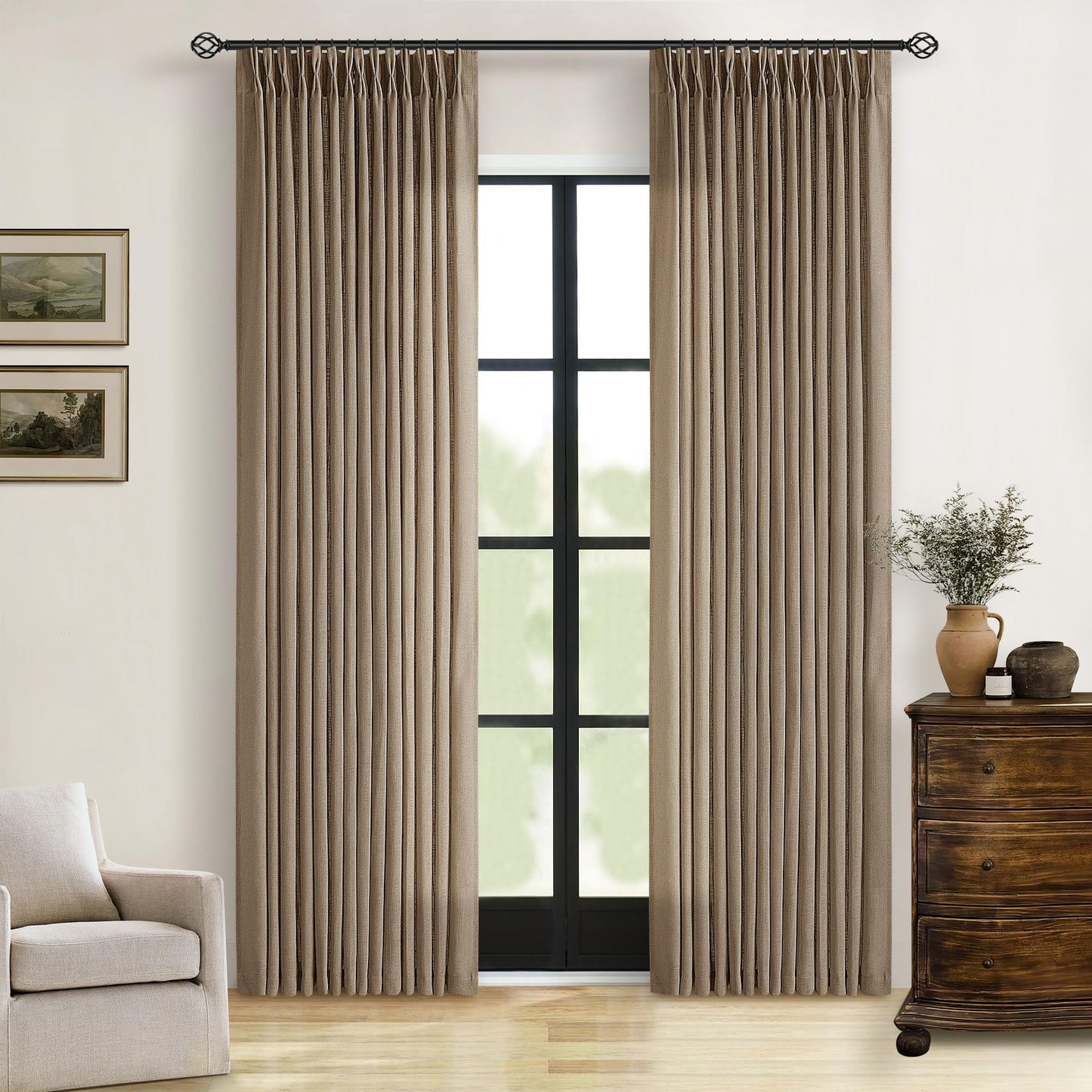 TWODRAPES Pinch Pleated Neutral Linen Curtains 2 Panels Set Living Room Dining Pinch Pleat Back Tab Light Filtering Farmhouse Boho Retro Window Curtain Drapes 84 Inch Length Latte Tan Brown