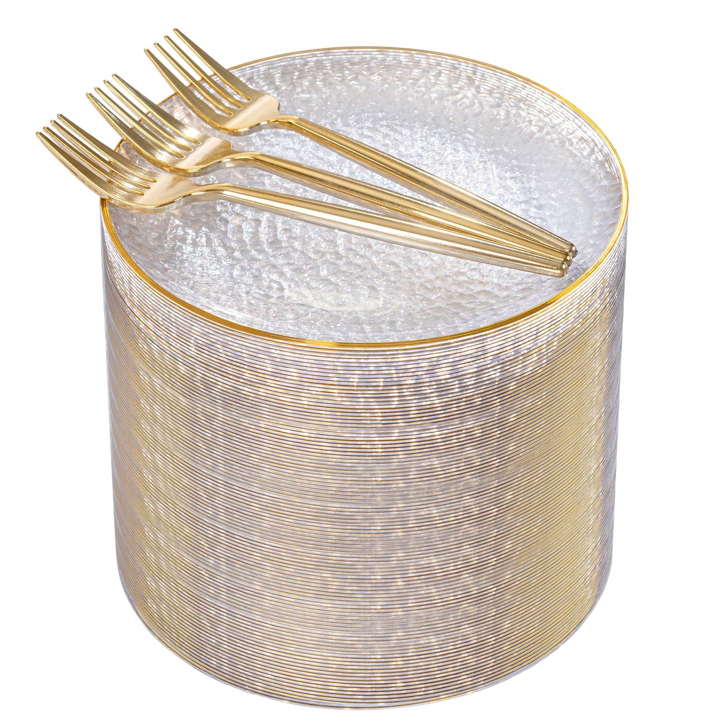 Rubtlamp 200 Pcs Clear Gold Dessert Plates with Forks, 6 inch Hammered Gold Small Disposable Plates, Fancy Appetizer Platos Include 100 Cake Plate,6 inch 100 gold Forks for Birthday, Wedding, Teatime