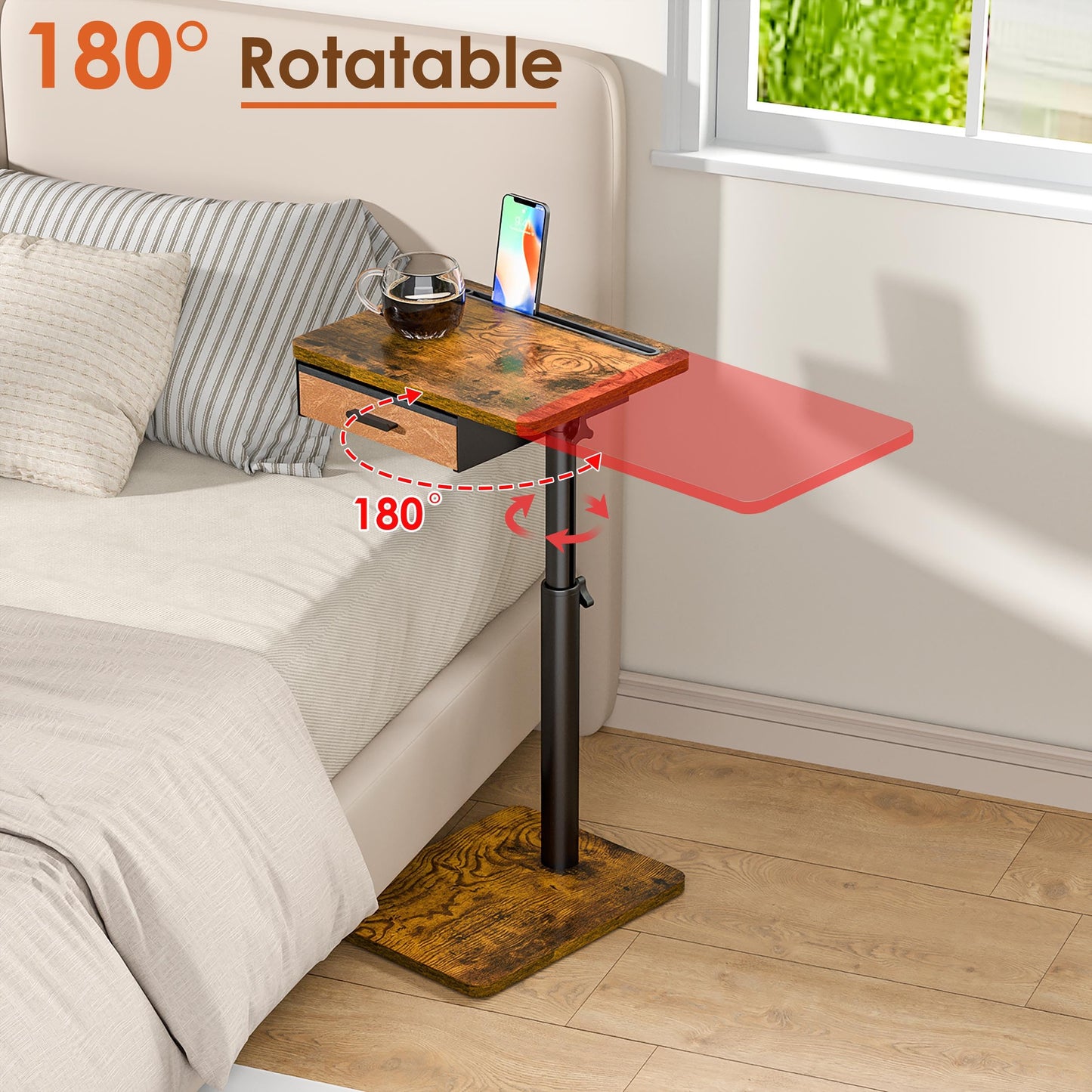 Simple Serenity TV Tray Table with Drawer & Swivel Top, Height Adjustable TV Tray for Eating on Couch, C Shaped End Table for Couch, Sofa Desk Couch Table for Bedroom & Living Room, Patent Pending