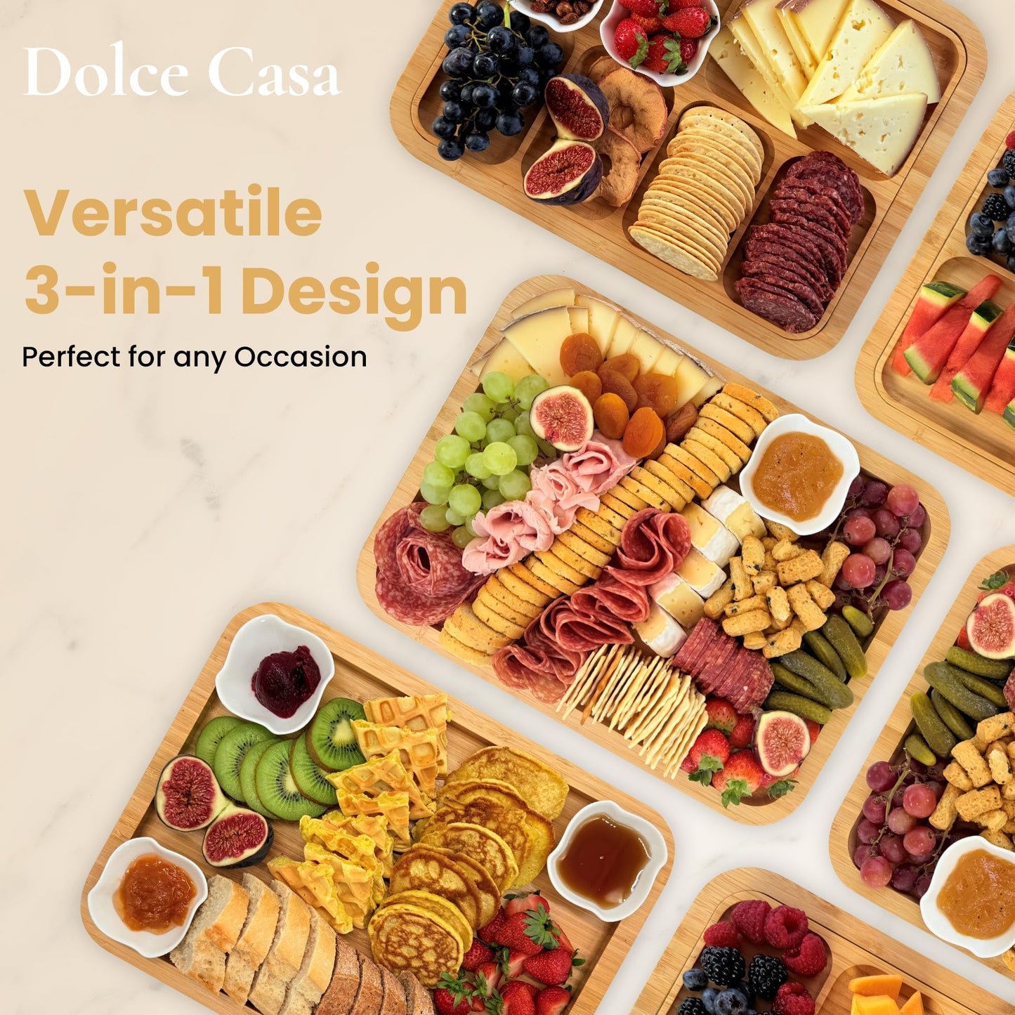 Dolce Casa Charcuterie Board with Lid 3-in-1, Portable Bamboo Serving Tray with Lid & Removable Snack Tray for Cheese, Fruit, Food - Covered Cheese Platter for Picnic, Travel, Ready-to-Gift