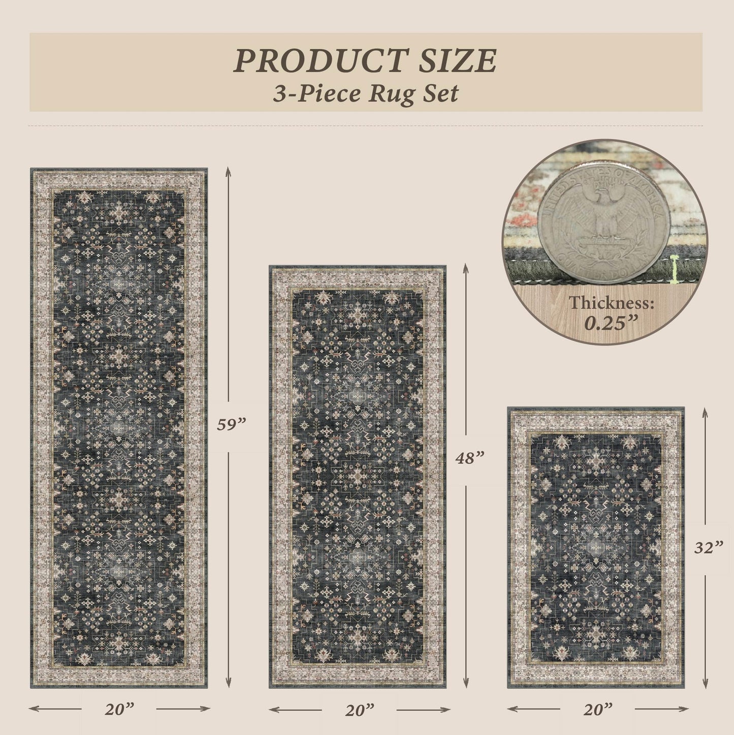 Black Boho Kitchen Rugs Set of 3, Non-Slip Machine Washable Kitchen Floor Mats, Low-Pile Runner Rug for Sink, Entryway, Bathroom, Laundry Room, Bedroom, Vintage Farmhouse Design