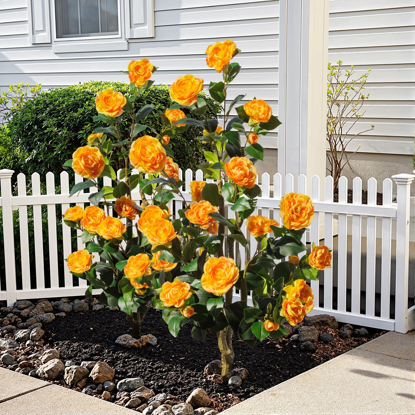TreeTrip Artificial Camellia Tree 3.3 FT 2 Pack, Christmas Decor Fake Camellia Plant with Blooming Flowers&Natural Wood Trunk, Greenery Faux Potted Plant for Home Office Winter Indoor (Orange, 3.3FT)