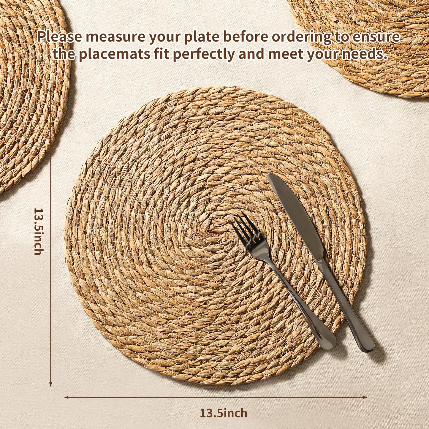 13.5'' Round Woven Placemats Set of 12, Boho Rattan Chargers for Dinner Plates, Rustic Wicker Place Mats, Straw Braided Table Placemats, for Dining Table, Wedding, Farmhouse, Outdoor and Christmas