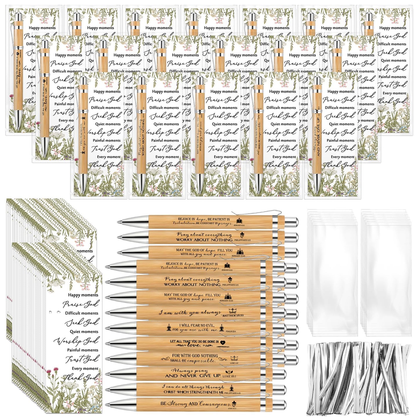100 Set Christian Religious Gifts Bulk Include Bible Verse Pens and Inspirational Bookmarks Scripture Quote Bible Study Group Church Gifts for Christian Graduation Father's Day Pastor (Bamboo)