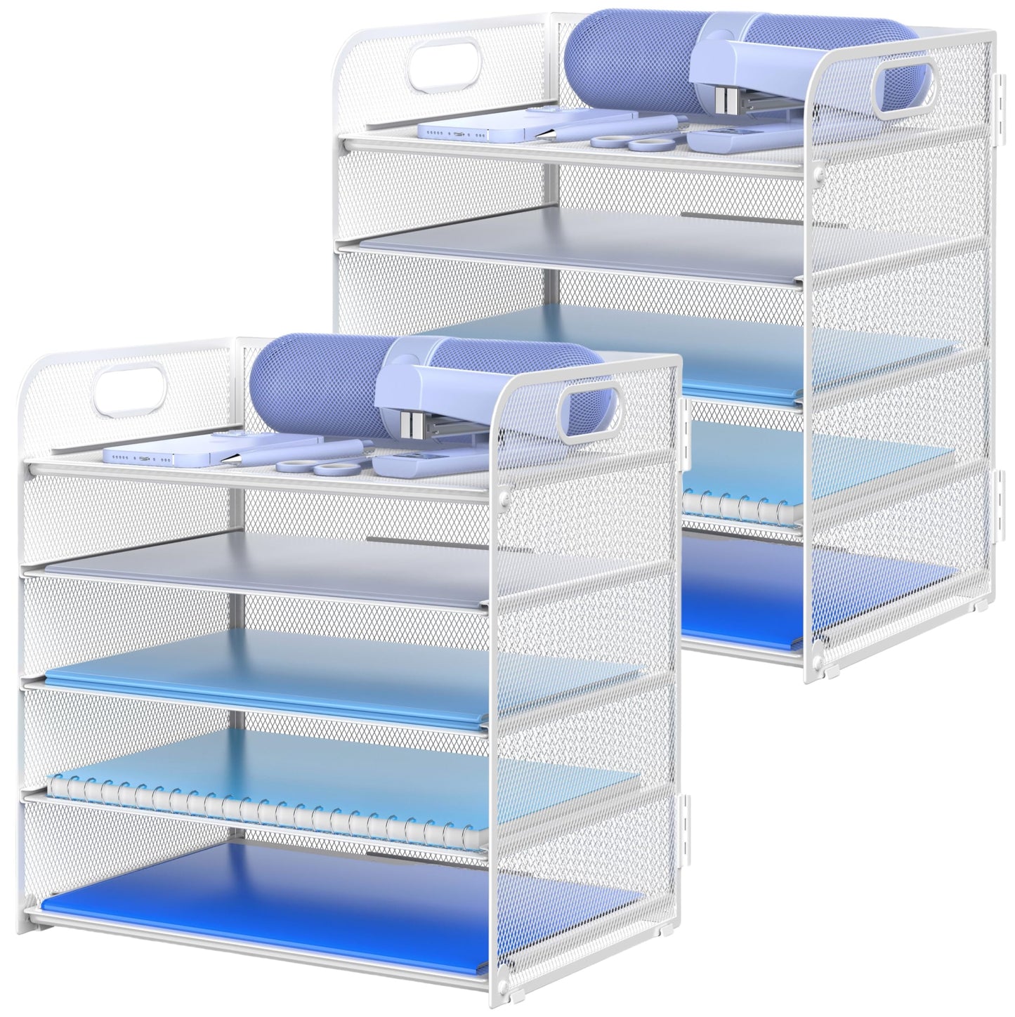 2 Pack Letter Tray Paper Organizer 5-Tier Desk Organizer File Organizer Paper Holder with Handle, Metal Desktop Document Shelf Tray Office Classroom Organization - White