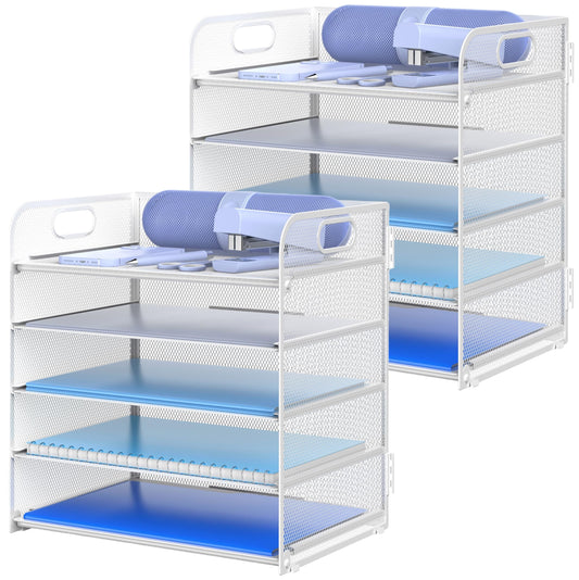2 Pack Letter Tray Paper Organizer 5-Tier Desk Organizer File Organizer Paper Holder with Handle, Metal Desktop Document Shelf Tray Office Classroom Organization - White