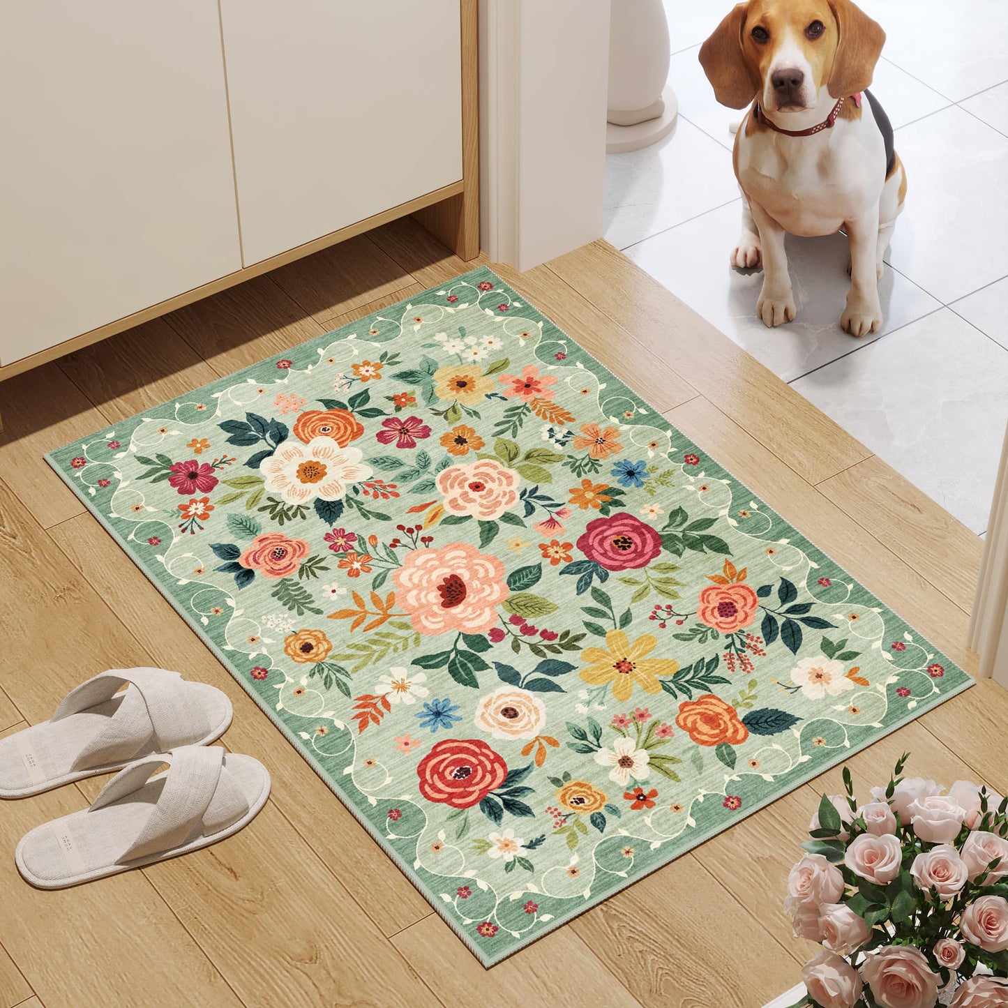 DUKINO 2x3 Rugs for Entryway, Floral Indoor Washable Front Door Mat, Non Slip Boho Small Carpet, Soft Low Pile Throw Rug for Entrance, Bedroom, Kitchen, Laundry, Bathroom, Green