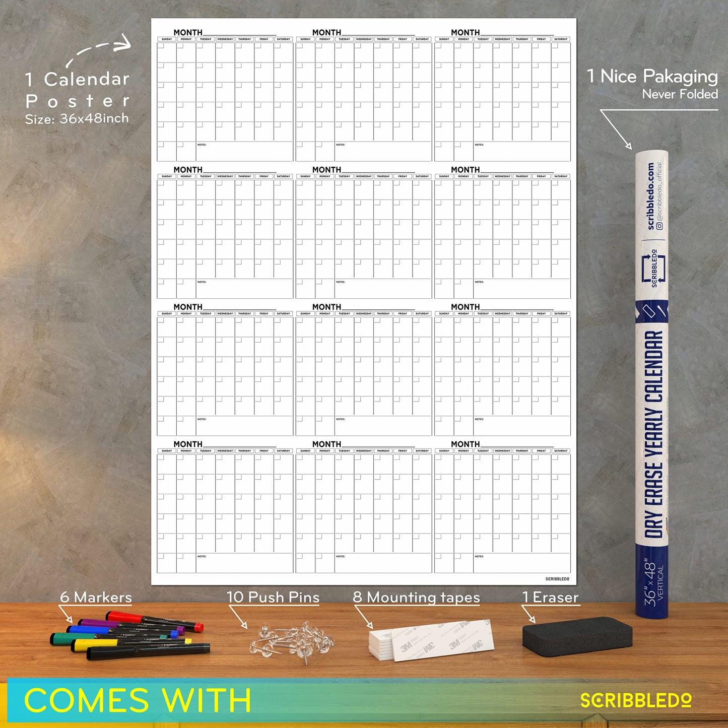 Large White Board Calendar 36"x48" Dry Erase Calendar for Wall Big Dry Erase Wall Calendar Yearly Monthly Wall Calendar Dry Erase Board Planner Includes 6 Markers Eraser Push Pins & Mounting Tape