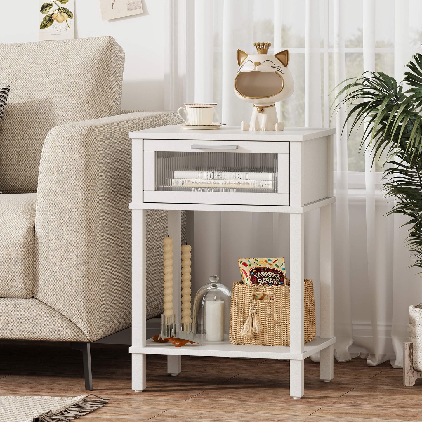 Nightstand Wooden Bedside Table with Drawer White Night Stands Modern Style Small End Table Side Table with Storage Shelf for Bedroom Living Room MLBZ10W