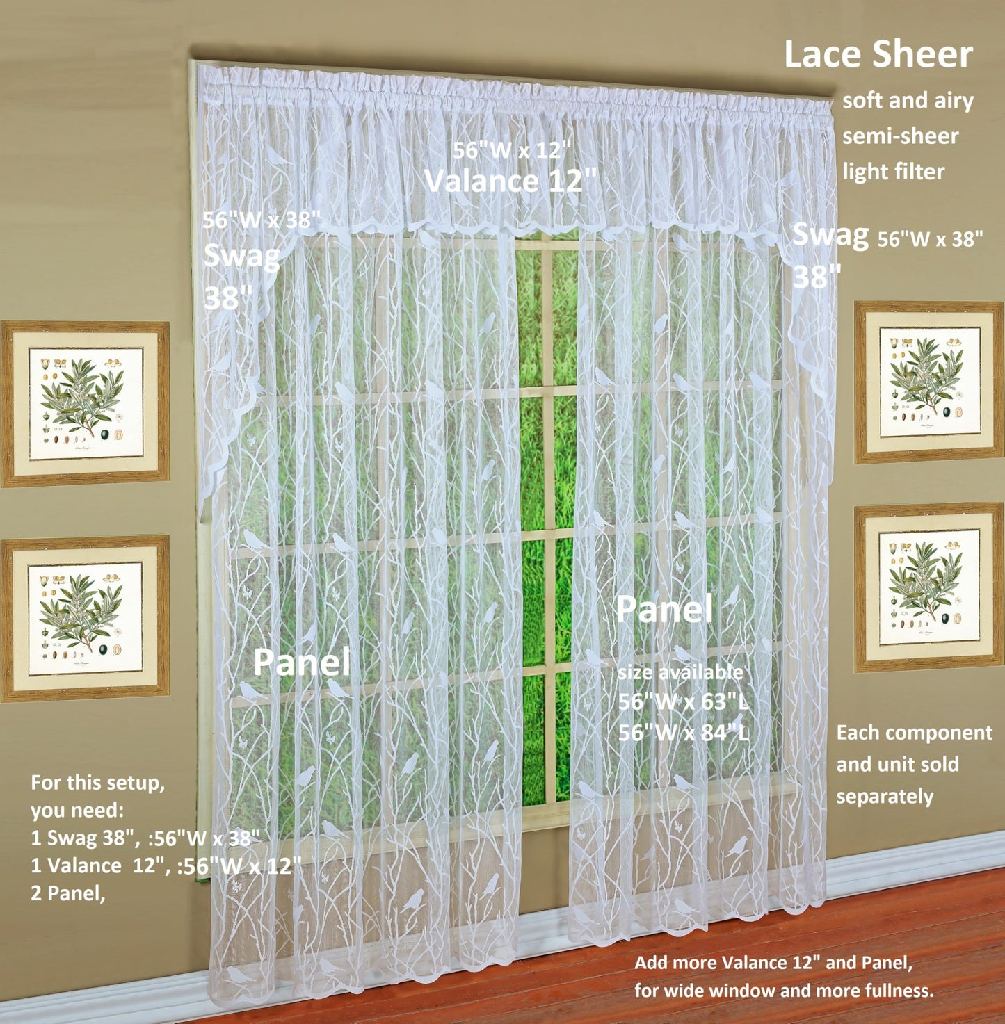 Today's Curtain, Songbird Semi-Sheer Lace Swag 38", White, 56" W x 38" L