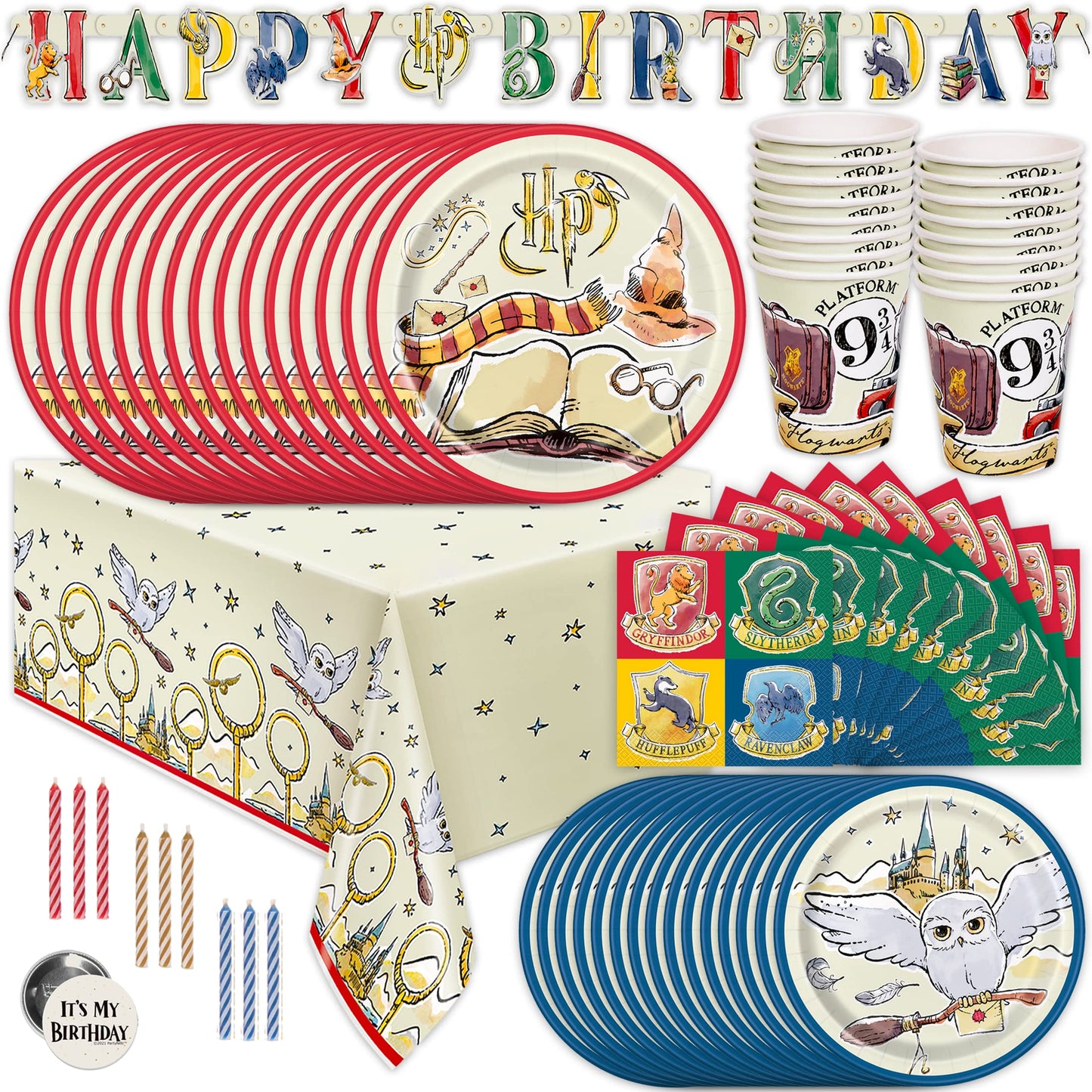 Harry Potter Birthday Decorations | Harry Potter Party Decorations | Serves 16 Guests | Table Cover, Banner, Dinner and Cake Plates, Napkins, Cups, Candles, Button | Officially Licensed