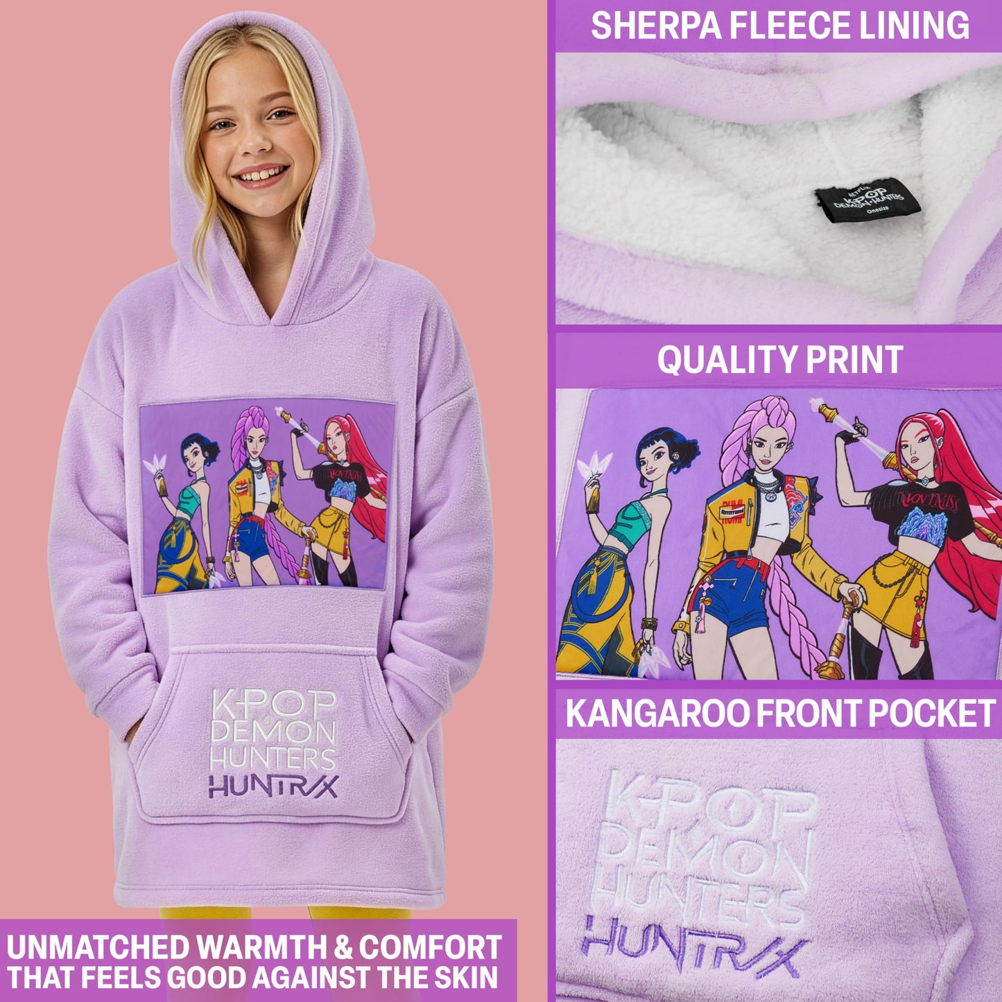 KPop Demon Hunters Huntrix Fleece Wearable Blanket Hoodie for Girls 6–14 Yrs Officially Licensed KPop Merch, Girls Gifts