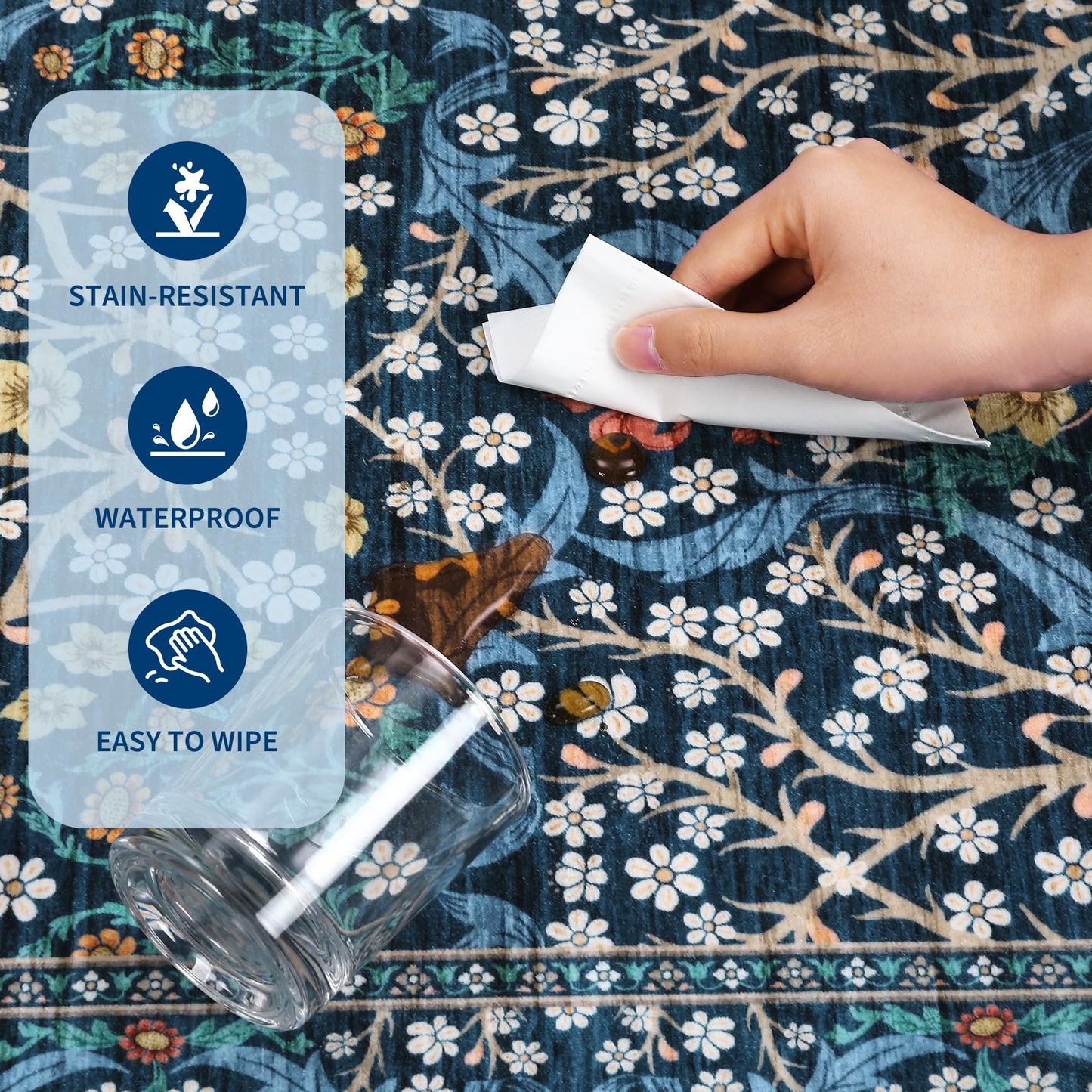 GarveeHome Floral Area Rugs 5x7, Dark Blue Washable Rug for Living Room, Bedroom, Low Pile Non Slip Stain Resistance Indoor Boho Carpet Mat for Farmhouse, Dining Room, Office