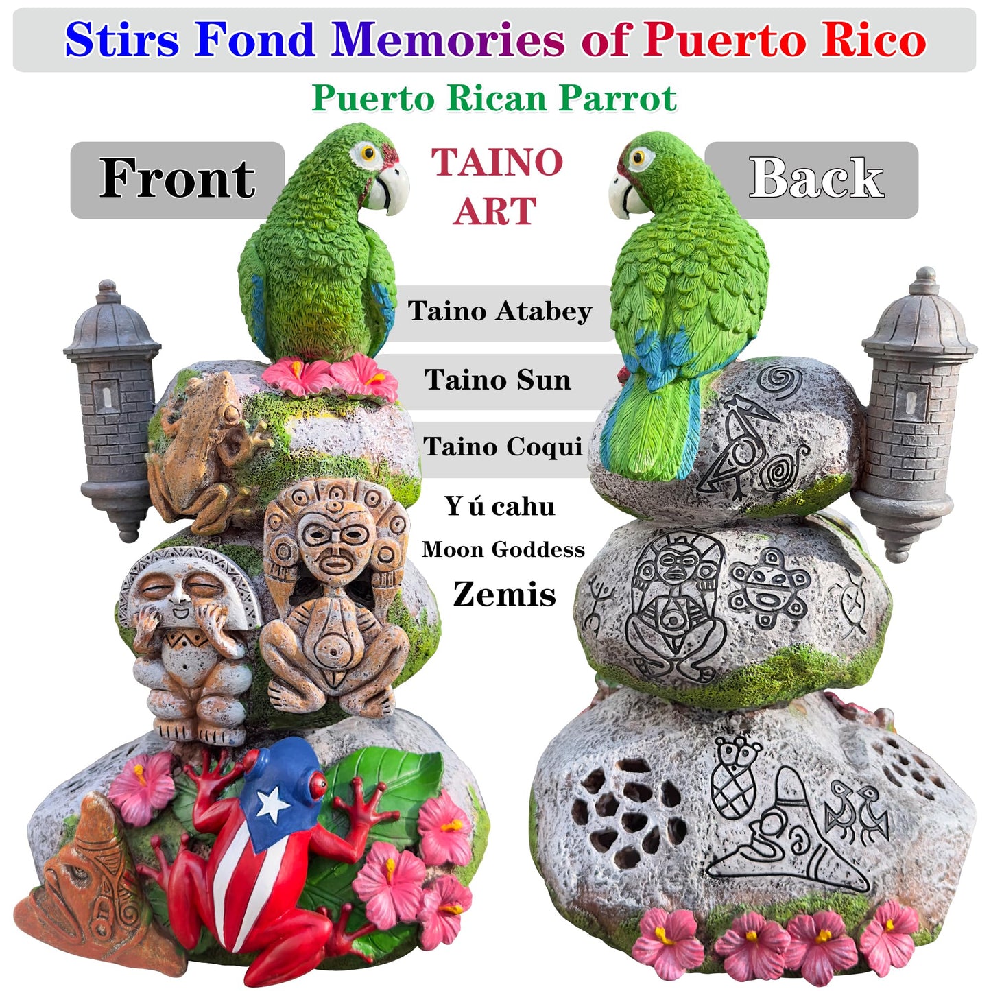 JULYSVE Limited Edition Puerto Rico Souvenirs, Puerto Rican Souvenir with Coqui Sound, Boricua Themed Taíno Zemis Atabey, Yúcahu, Moon Goddess, Puerto Rican Parrot & Old San Juan Garita Morr Taino Art