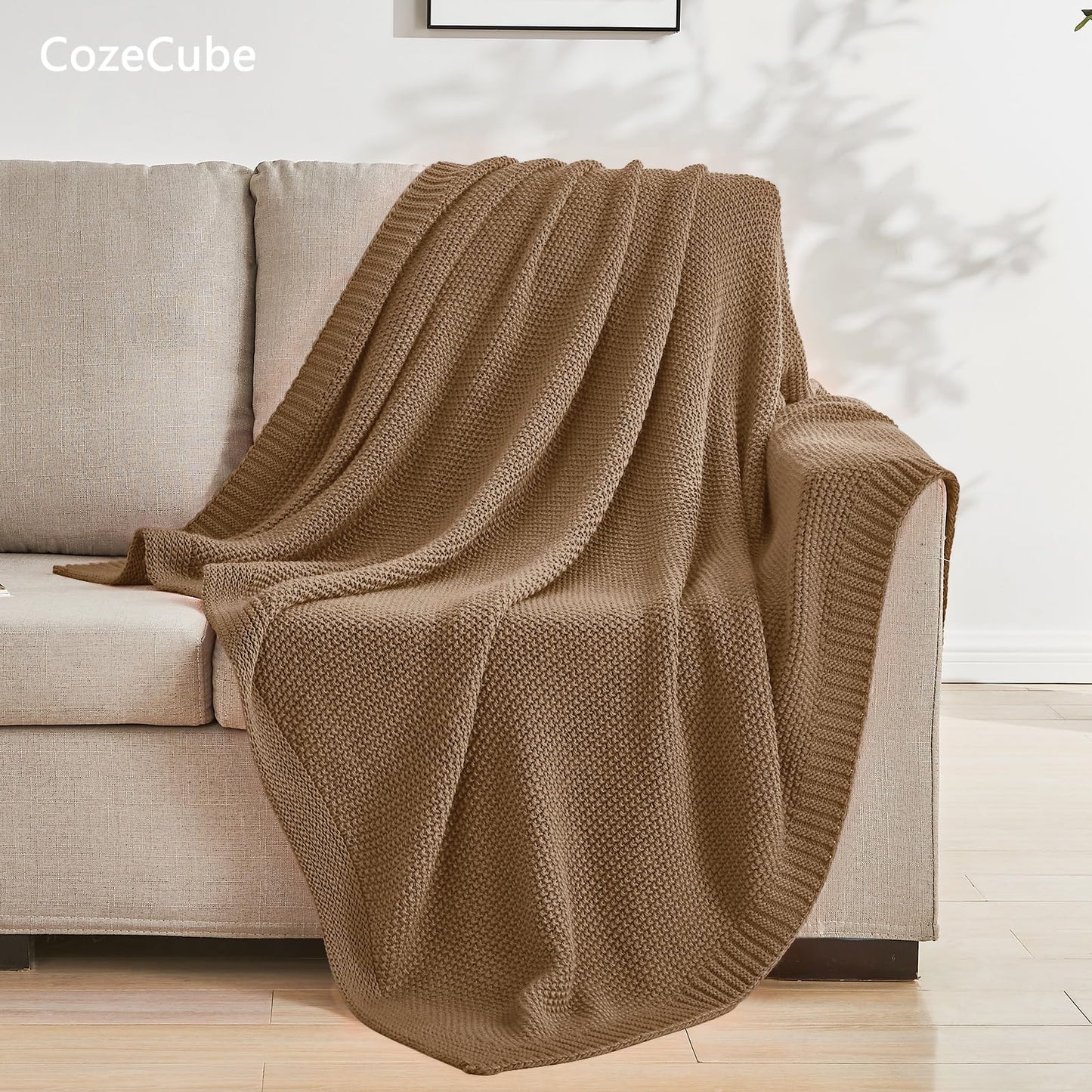 CozeCube Caramel Brown Throw Blanket for Couch, Soft Cozy Cable Knit Throw for Bed Sofa Living Room, Lightweight Warm Decorative Farmhouse Christmas Blanket, 60"x80", Light Brown
