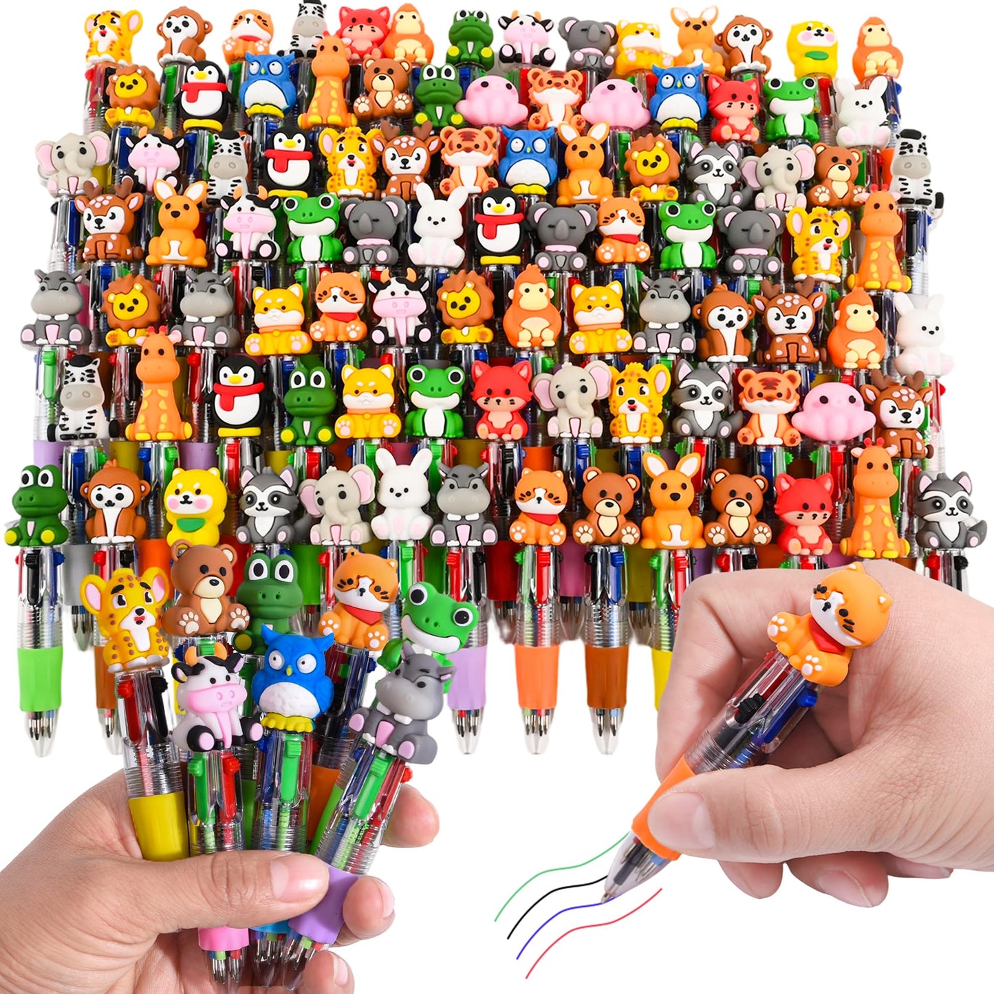 LiYiQ 100 Pcs Animals Multicolor Pen in One Cartoon Cute Fun 4-in-1 Cute Pens Bulk Kawaii Bear Cow Cat Elephant Tiger Lion Rabbit Monkey and Frog Shapes Cool Ballpoint Pens for Fun Gifts