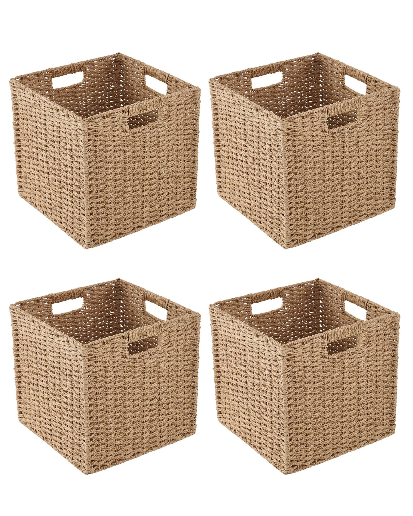 Paper Woven Foldable Storage Baskets 4 Pack, 11 Inch Cube Storage Bins, Handmade Paper Material Collapsible Organizer for Shelves & Home Organization, Ideal for Clothes Books Toys Snacks (Natural)