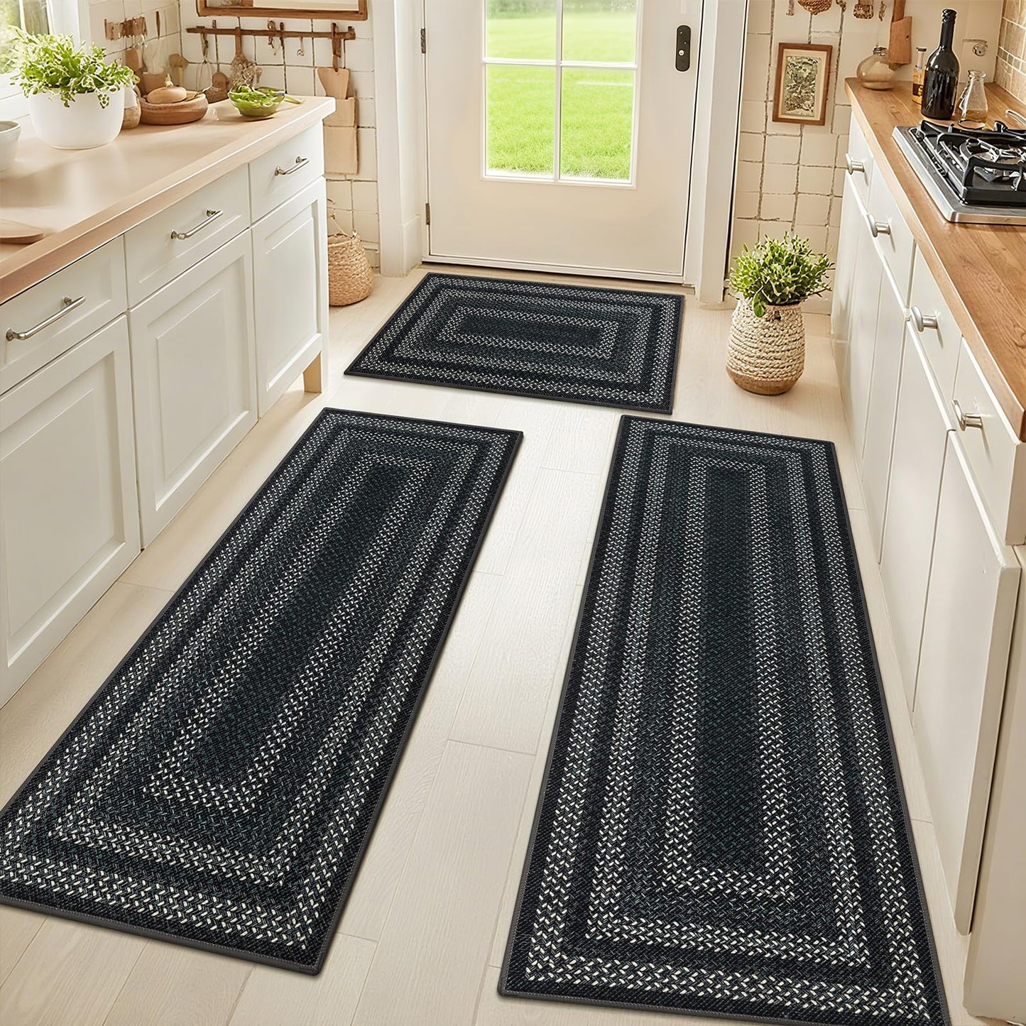 HEBE Washable Kitchen Rugs Sets of 3, Non Slip Absorbent Kitchen Rugs and Mats, Farmhouse Stain Resistant Faux Jute Kitchen Mat Carpet Runner for Kitchen Floor, Laundry Room, Hallway, Black/Grey