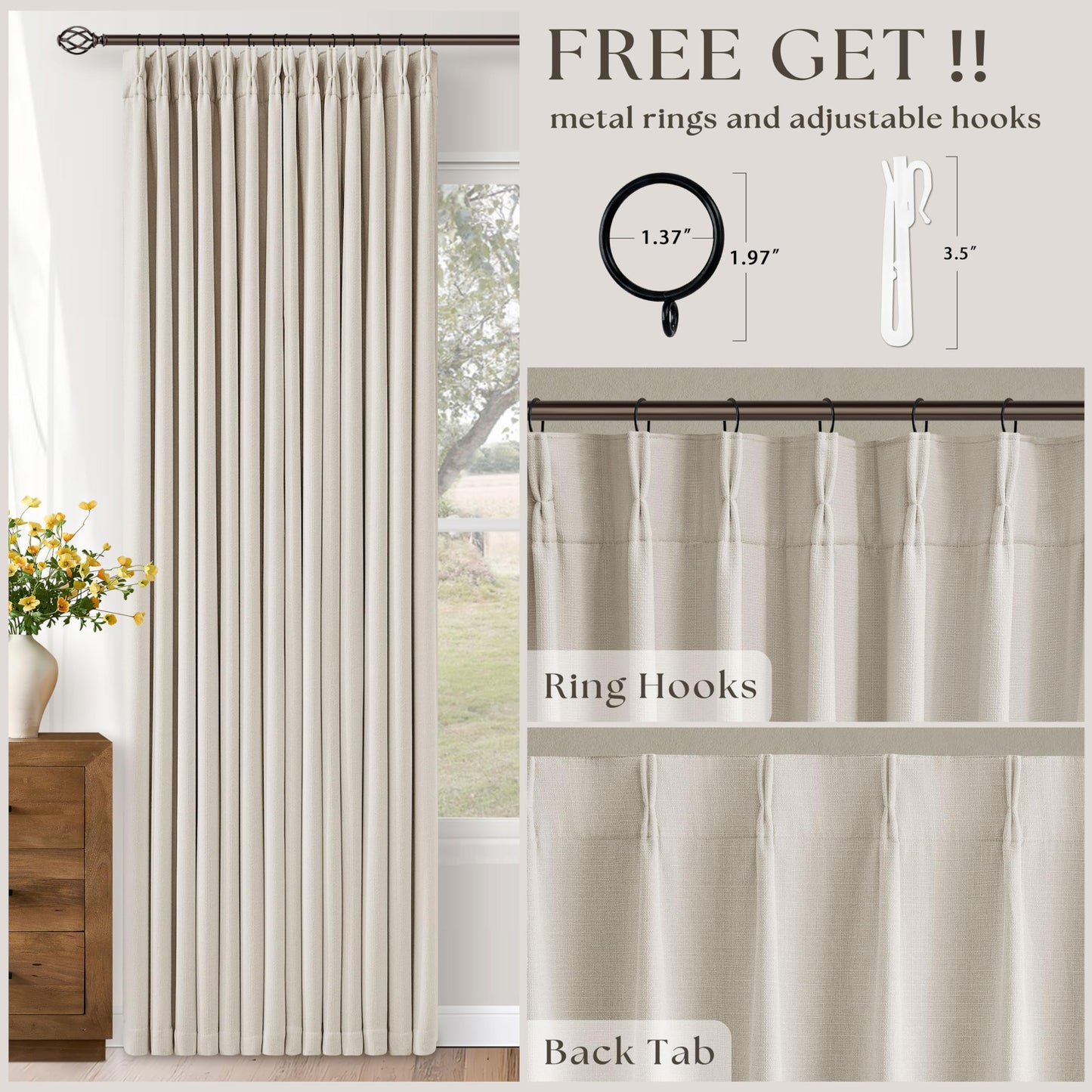 90 Inch Pinch Pleated Blackout Linen Curtains for Bedroom 2 Panels Memory Trained 100% Black Out Soundproof Room Darkening Natural Cream Ivory Birch Window Curtains Double Layer Pinch Pleat Drapes
