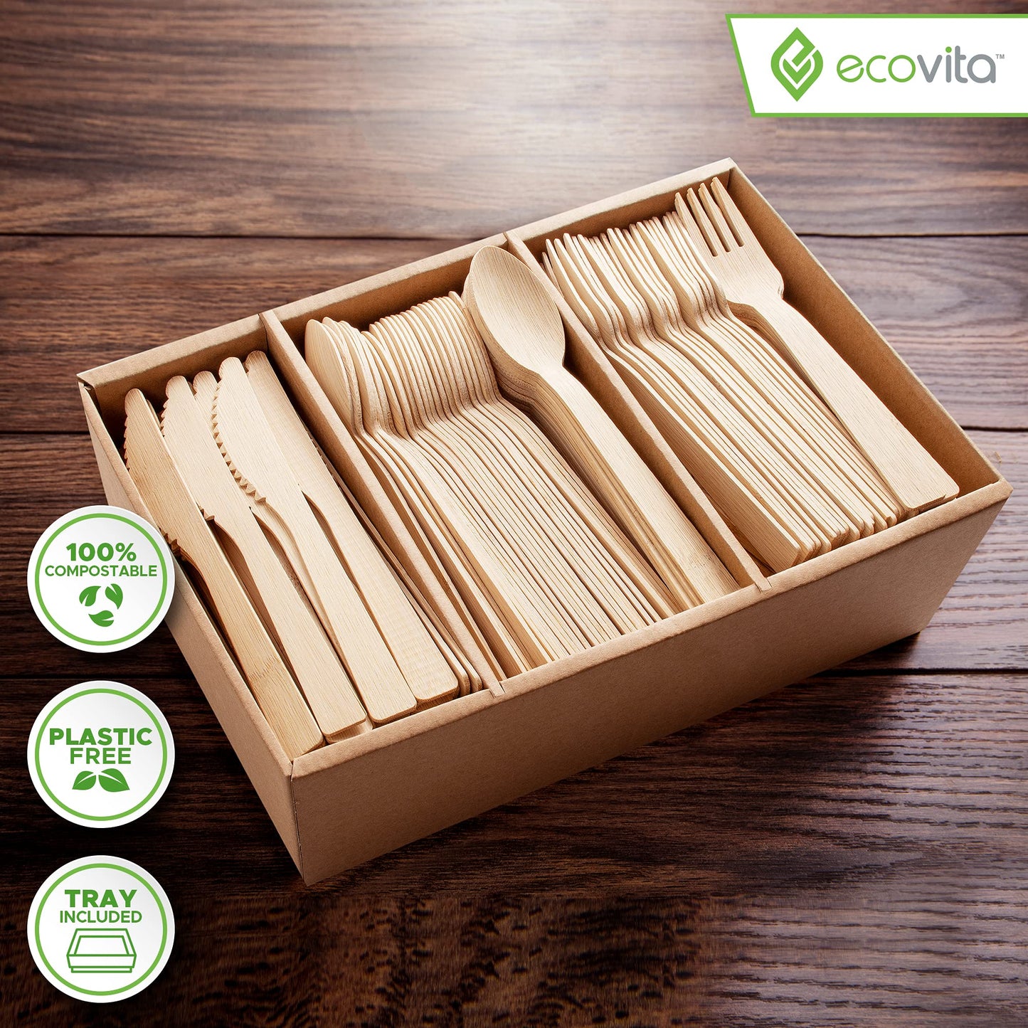 100% Bamboo Forks Spoons Knives Cutlery Combo Set - 380 Large Compostable Disposable Utensils (7 in.) Eco Friendly Durable and Tree Free Alternative to Wooden Silverware with Convenient Tray