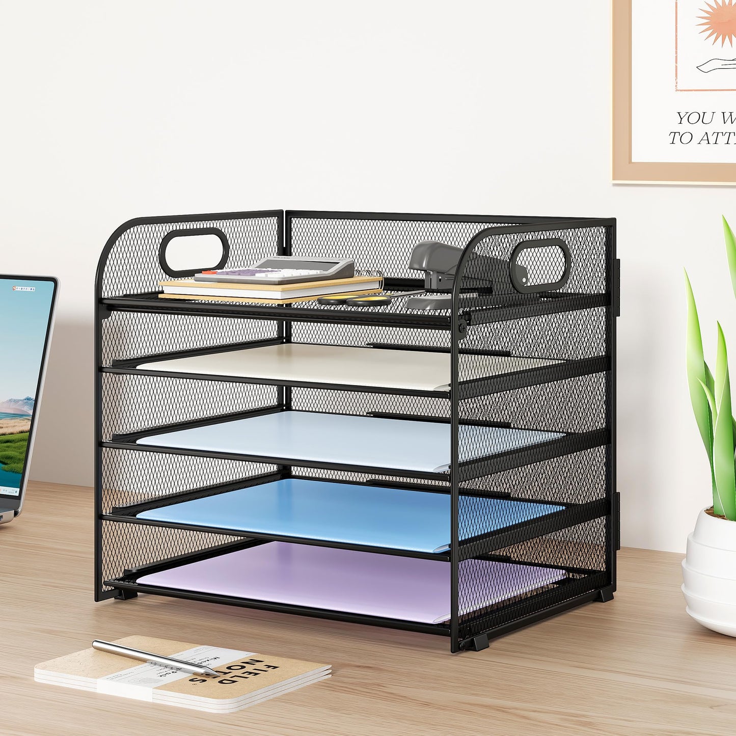 Kinkota Paper Organizer Letter Tray with Handle Mesh 5 Trays Desk File Organizer Paper Sorter Desk Organizer for Office, Home or School-Black 2 Pack