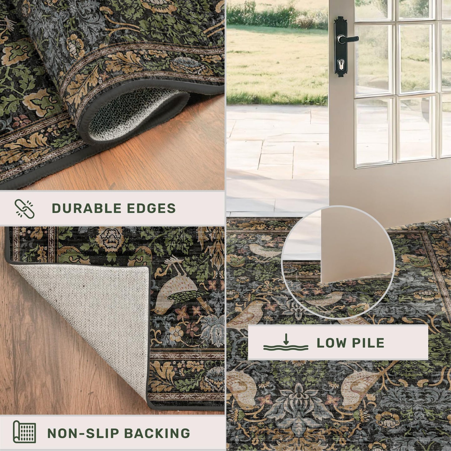 Vintage Runner Rugs for Hallways - 2'6"x8' Wide Kitchen Runners, Entryway Rug, with Flowers and Leaves, Washable Non Slip Low Pile