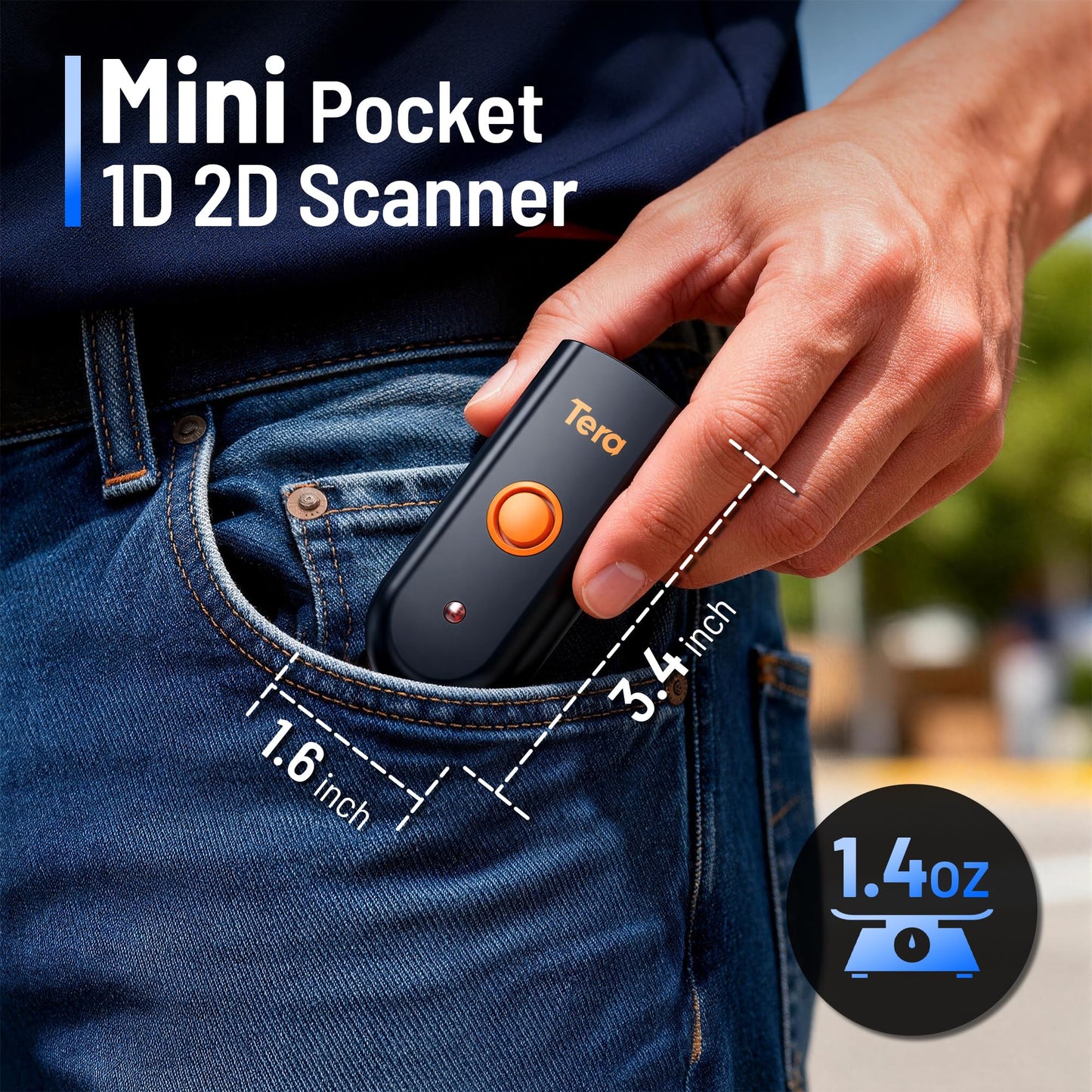 Tera Mini 1D 2D QR Wireless Barcode Scanner, Waterproof Shockproof Pocket Scanner, 3-in-1 BT & USB Wired & 2.4G Bar Code Reader Portable Image Scanner Work with iOS Windows Android 1200