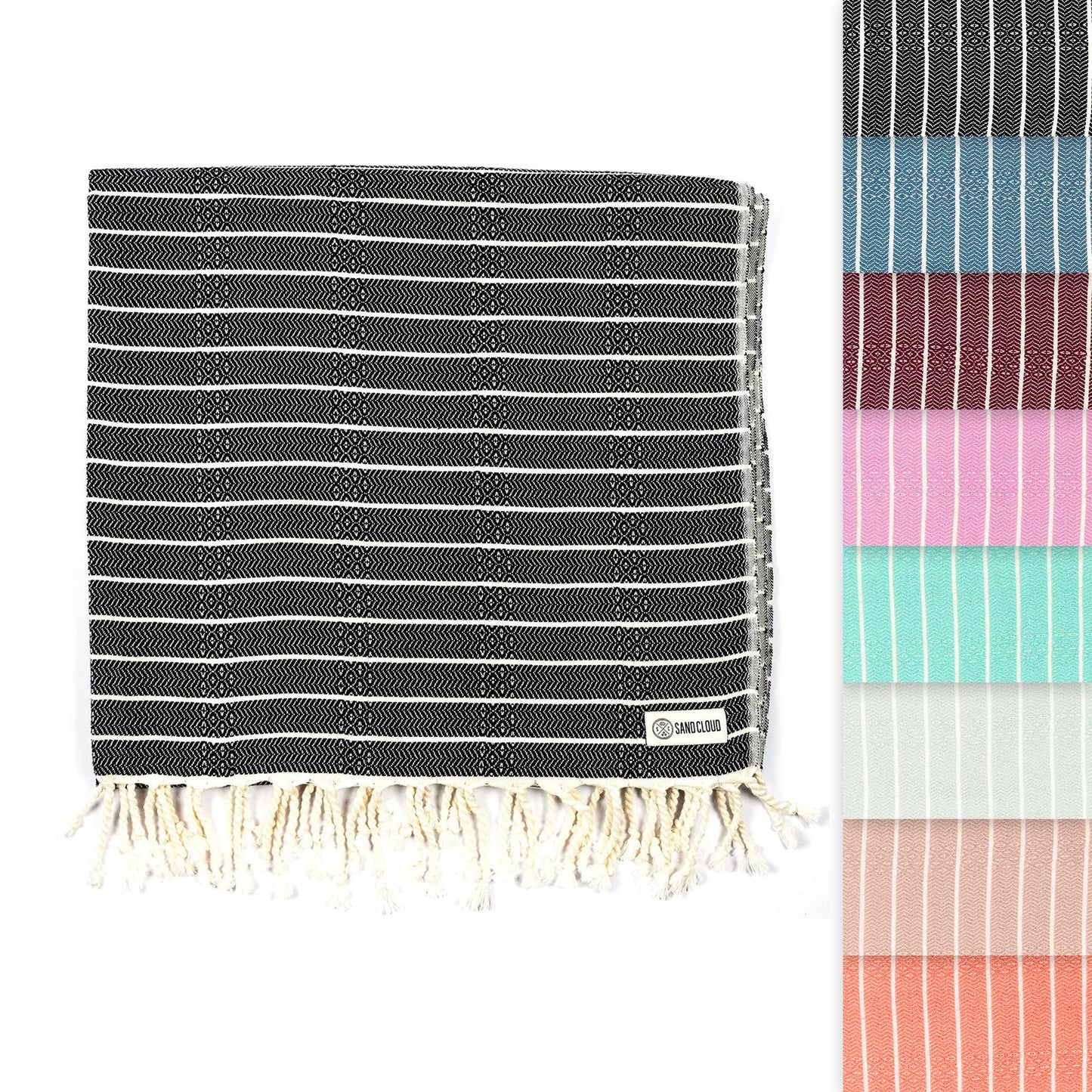 Sand Cloud Turkish Beach Towel - Sand Resistant - 100% Certified Organic Turkish Towel - Quick Dry Towel for Beach, Picnic, Blanket or Bath Towel - As Seen on Shark Tank - Gocek (Black)